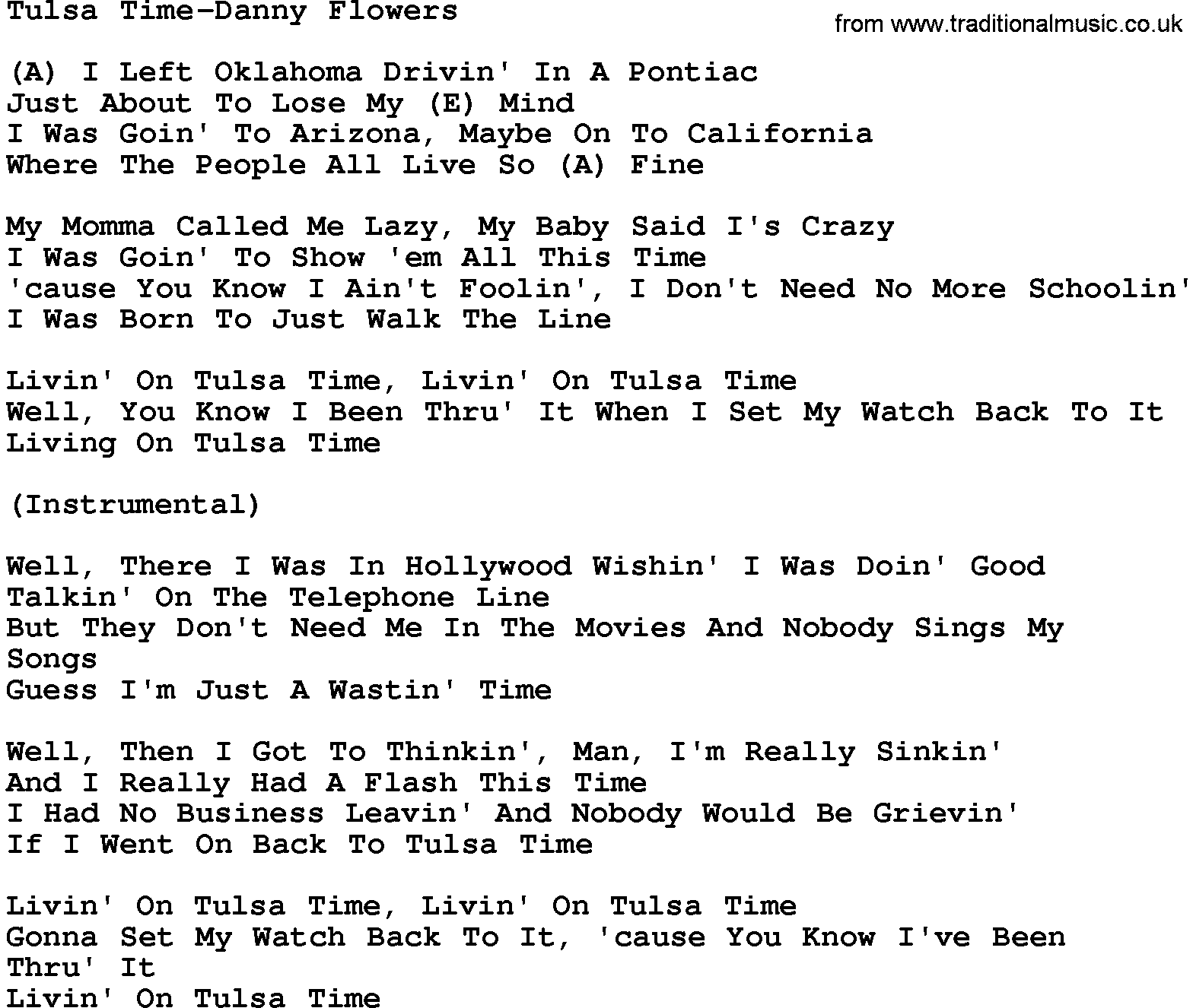 Country music song: Tulsa Time-Danny Flowers lyrics and chords