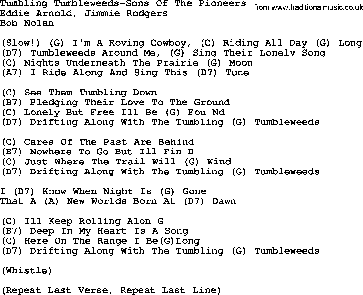 Country music song: Tumbling Tumbleweeds-Sons Of The Pioneers lyrics and chords