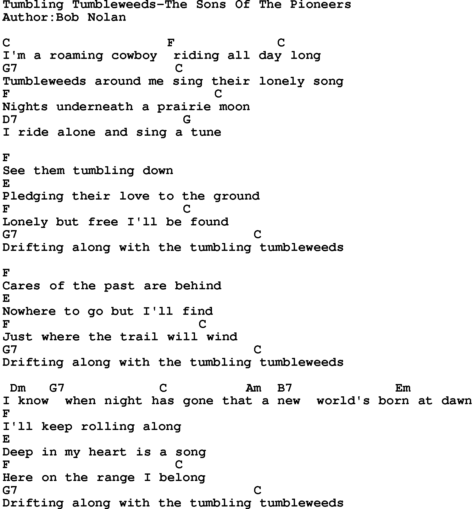 Country music song: Tumbling Tumbleweeds-The Sons Of The Pioneers lyrics and chords