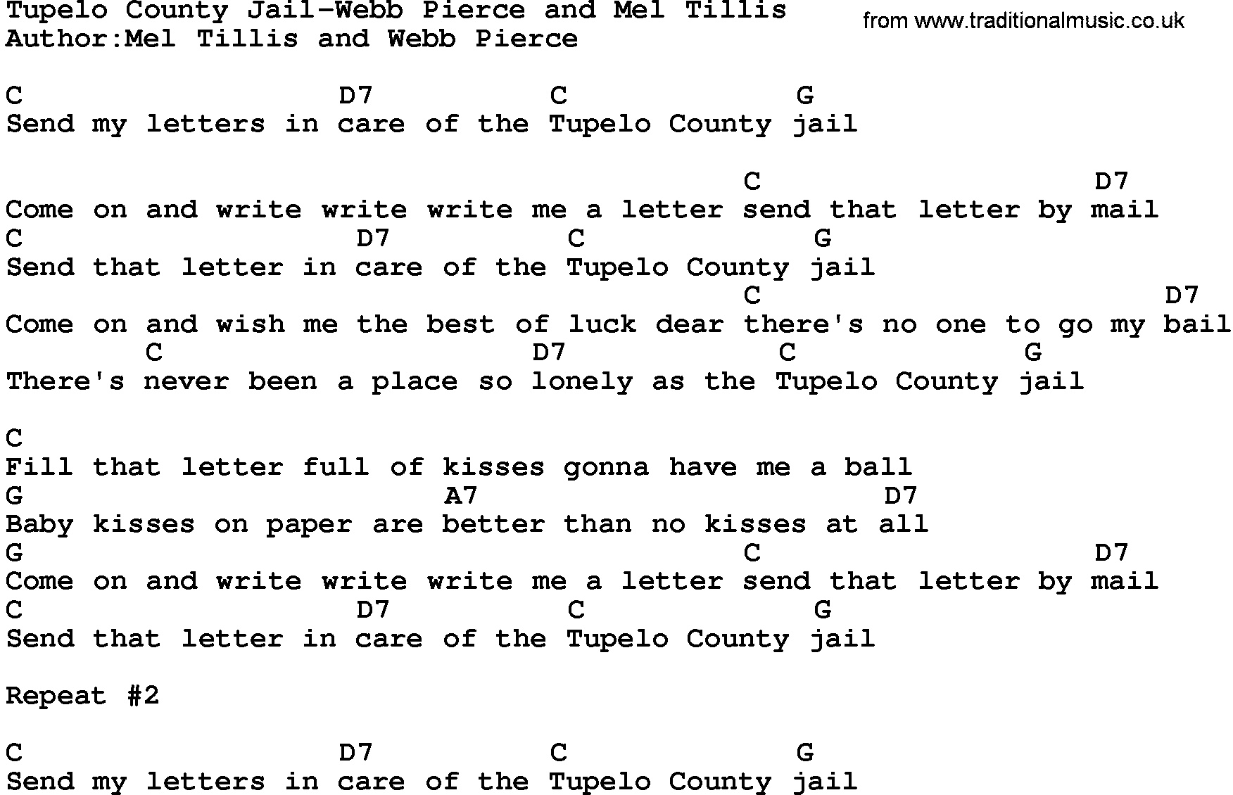 Country music song: Tupelo County Jail-Webb Pierce And Mel Tillis lyrics and chords