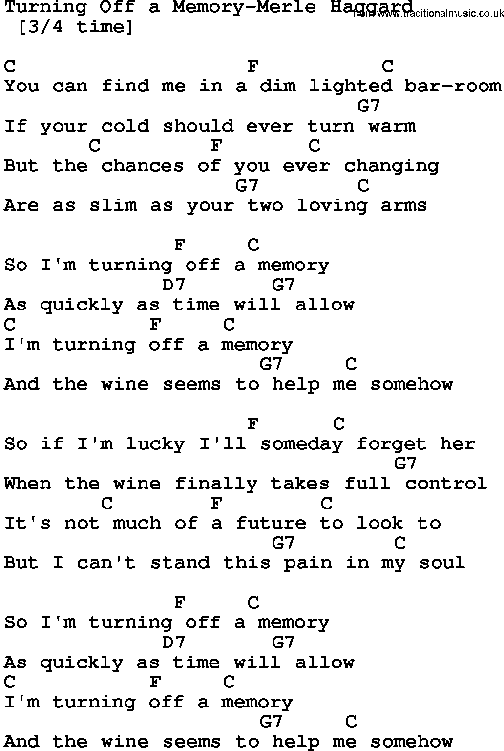 Country music song: Turning Off A Memory-Merle Haggard lyrics and chords