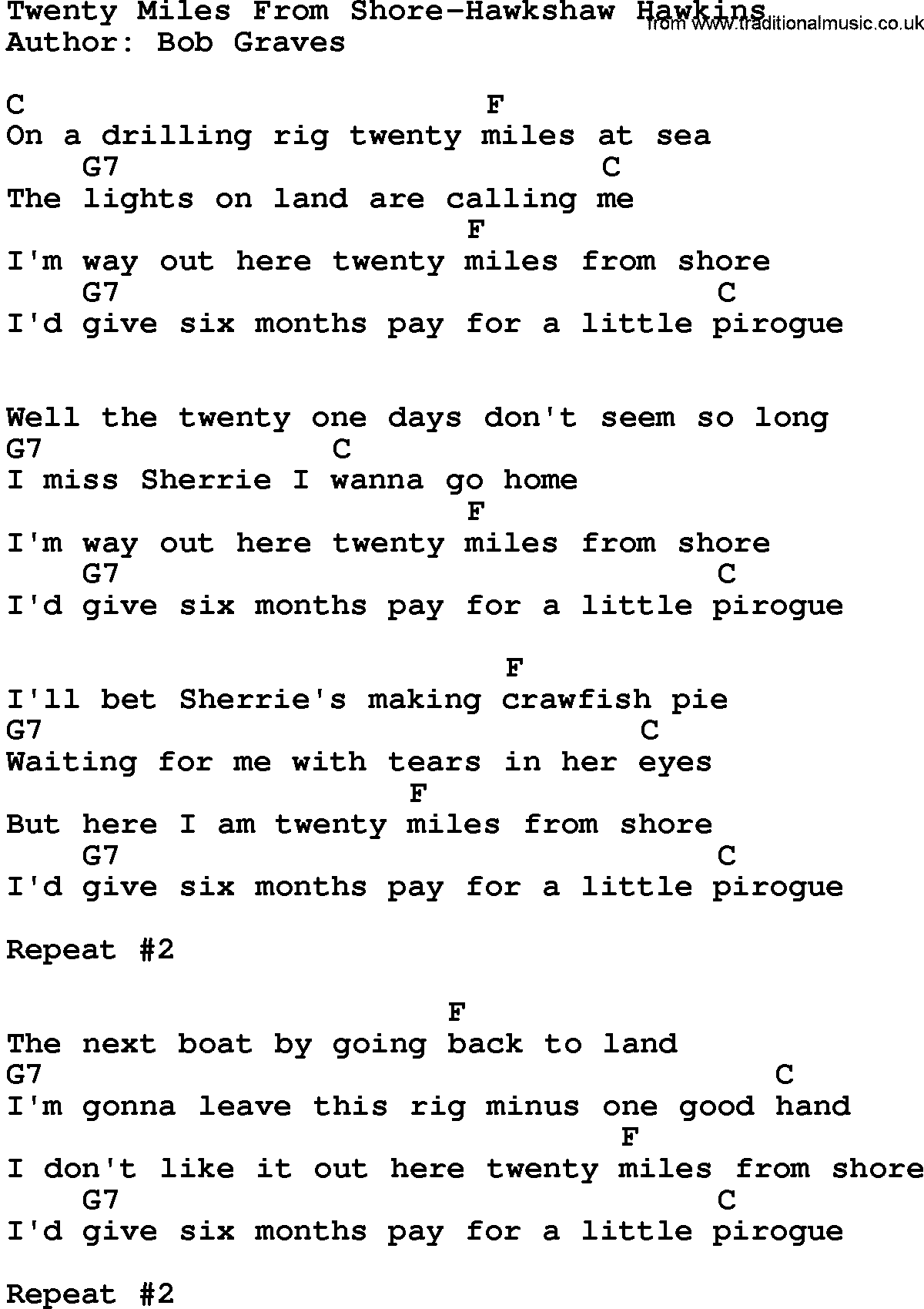 Country music song: Twenty Miles From Shore-Hawkshaw Hawkins lyrics and chords