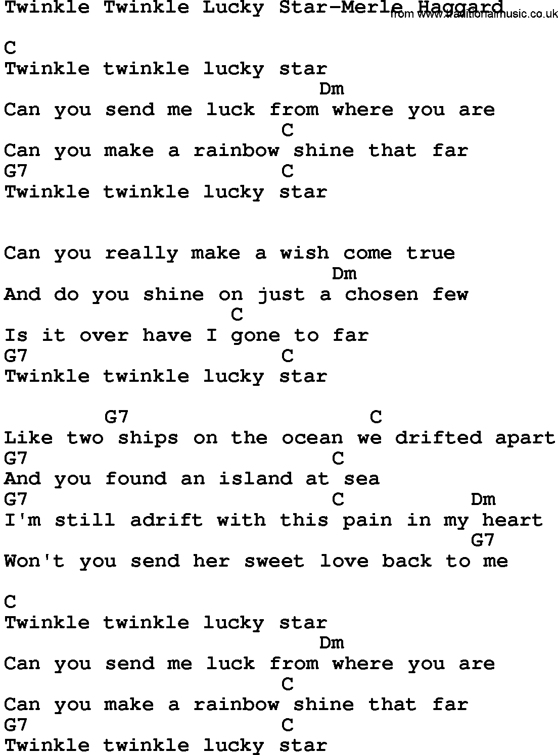Country music song: Twinkle Twinkle Lucky Star-Merle Haggard lyrics and chords