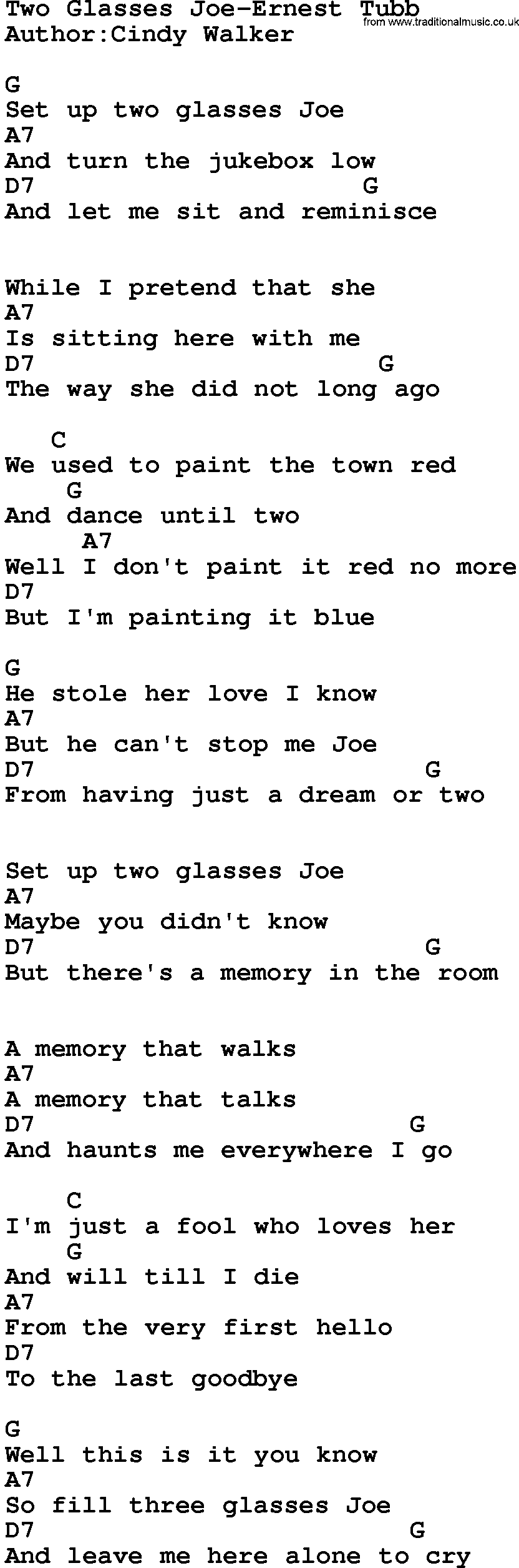 Country music song: Two Glasses Joe-Ernest Tubb lyrics and chords