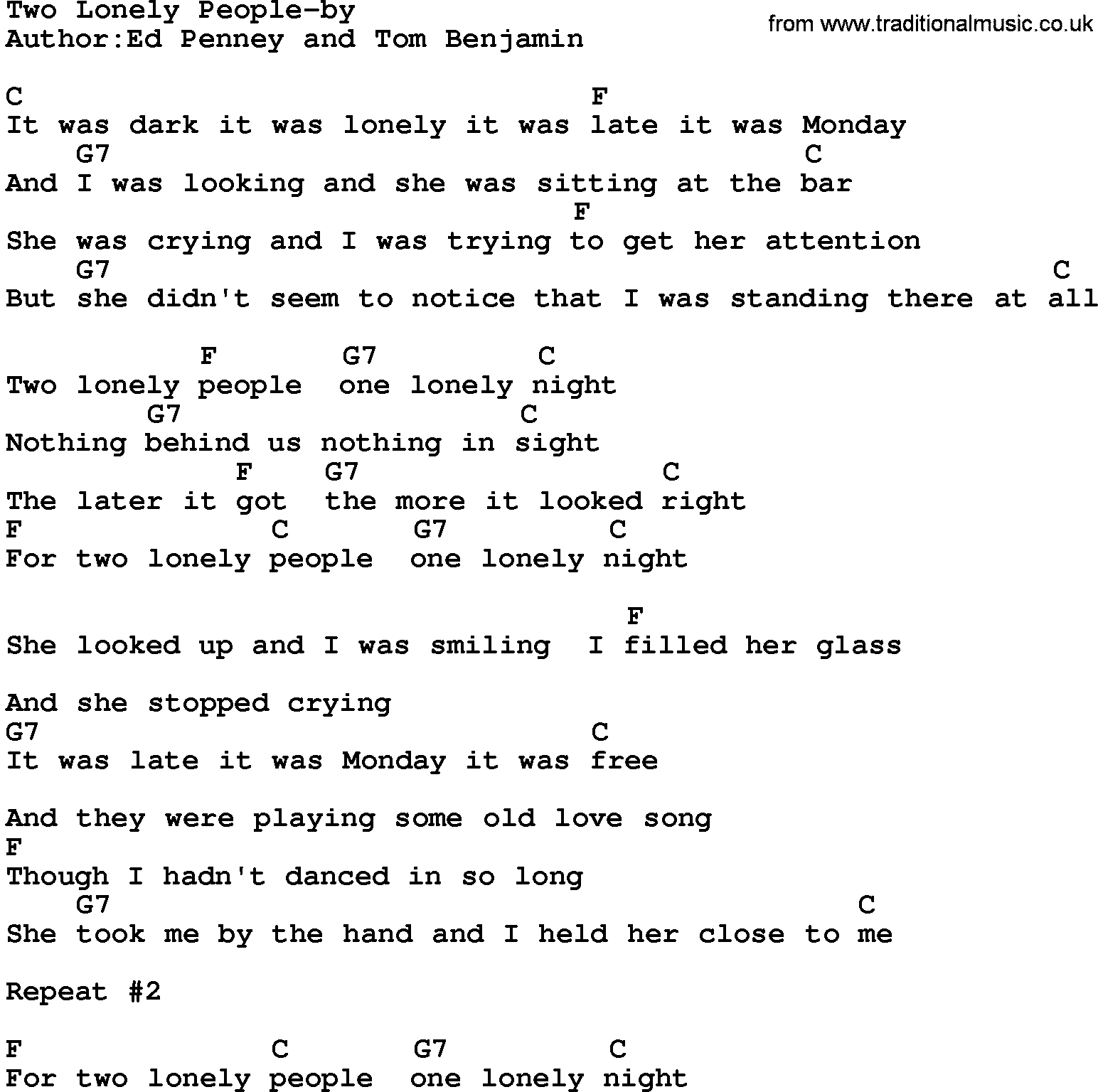 Country music song: Two Lonely People-By lyrics and chords