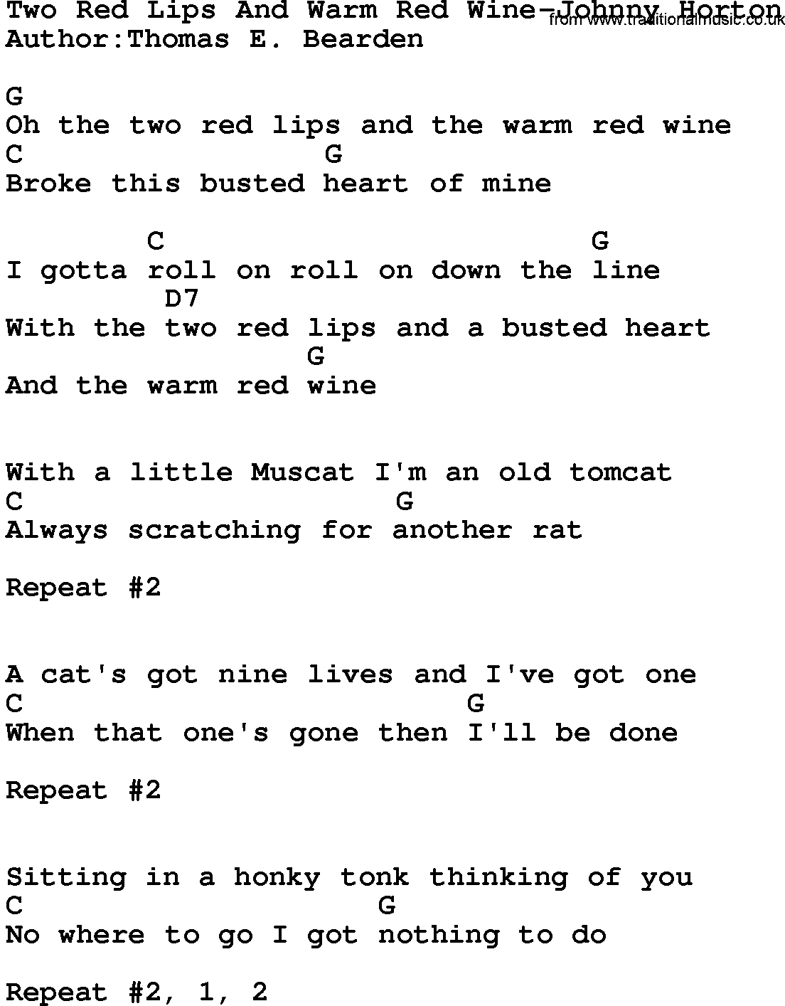Country music song: Two Red Lips And Warm Red Wine-Johnny Horton lyrics and chords