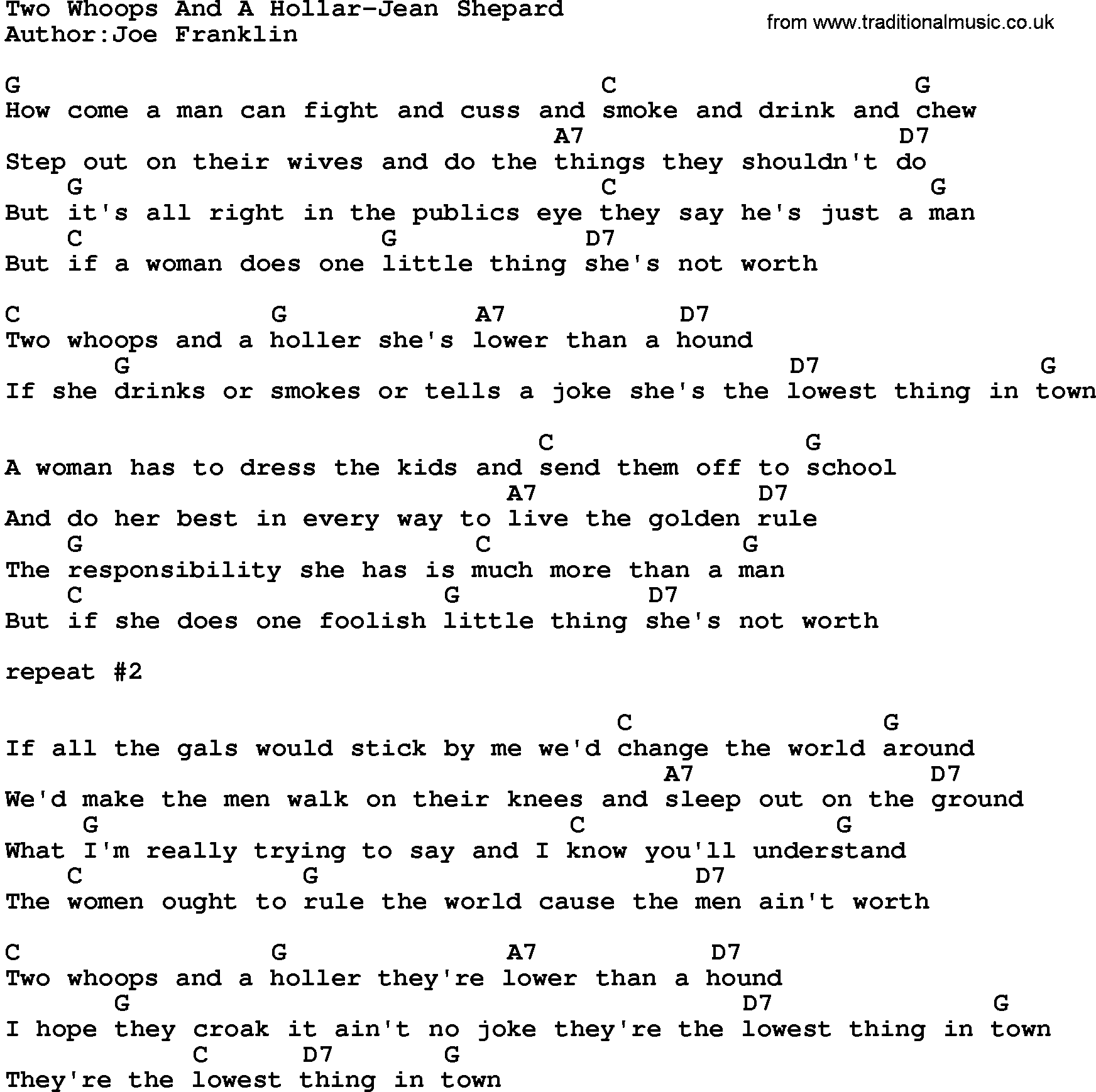 Country music song: Two Whoops And A Hollar-Jean Shepard lyrics and chords