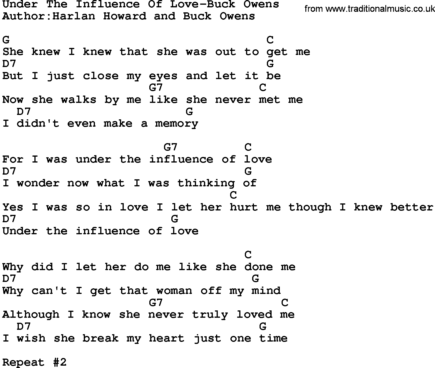 Country music song: Under The Influence Of Love-Buck Owens lyrics and chords