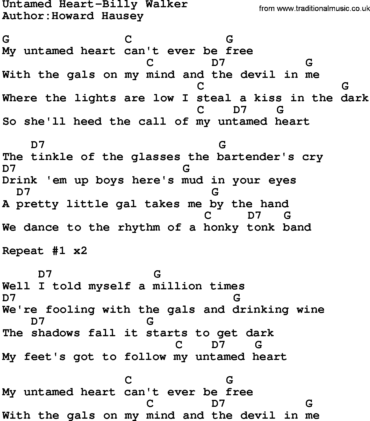 Country music song: Untamed Heart-Billy Walker lyrics and chords