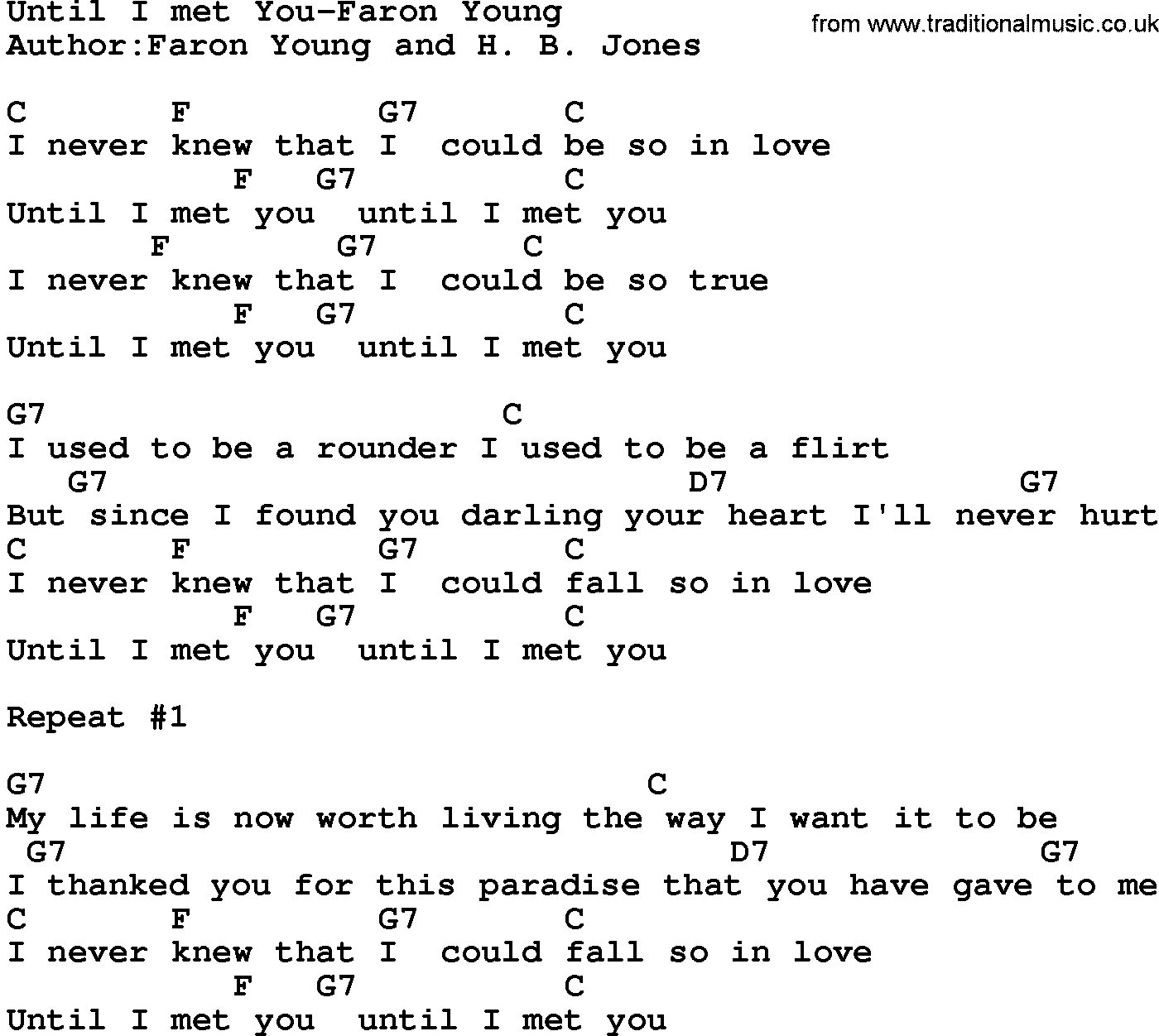 Country music song: Until I Met You-Faron Young lyrics and chords