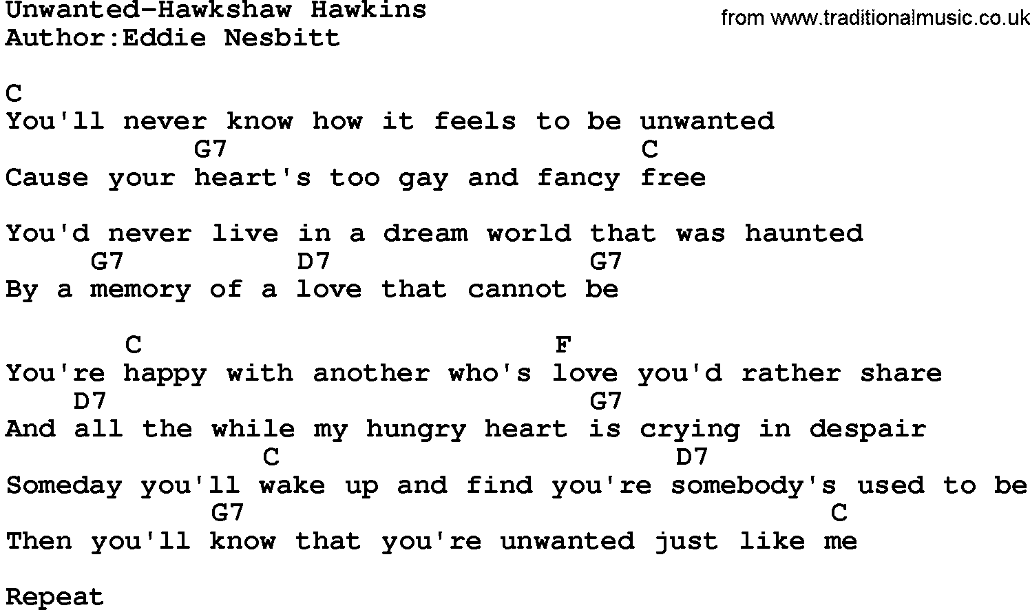 Country music song: Unwanted-Hawkshaw Hawkins lyrics and chords