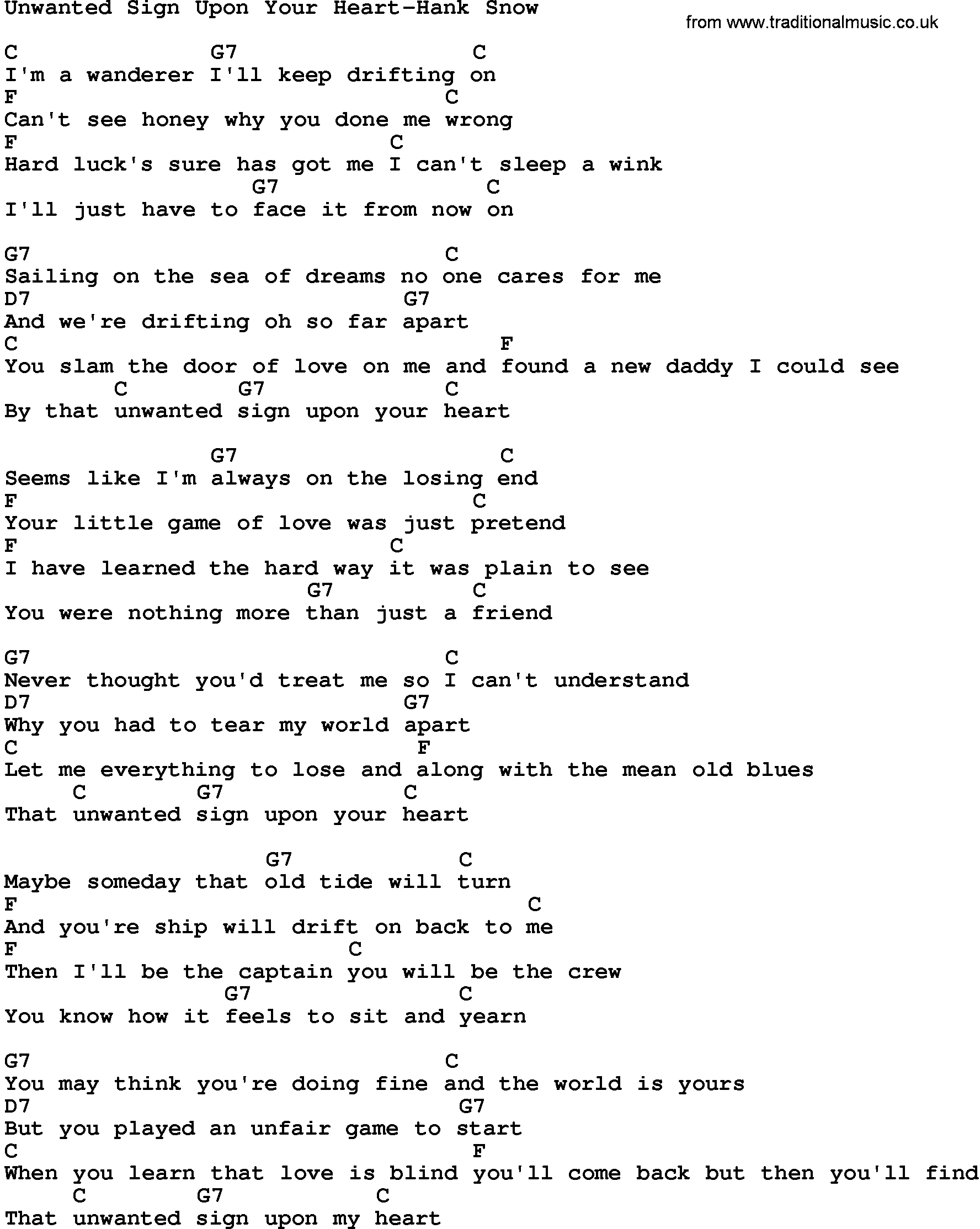 Country music song: Unwanted Sign Upon Your Heart-Hank Snow lyrics and chords