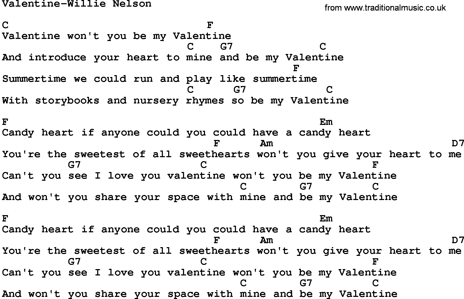 Country music song: Valentine-Willie Nelson lyrics and chords