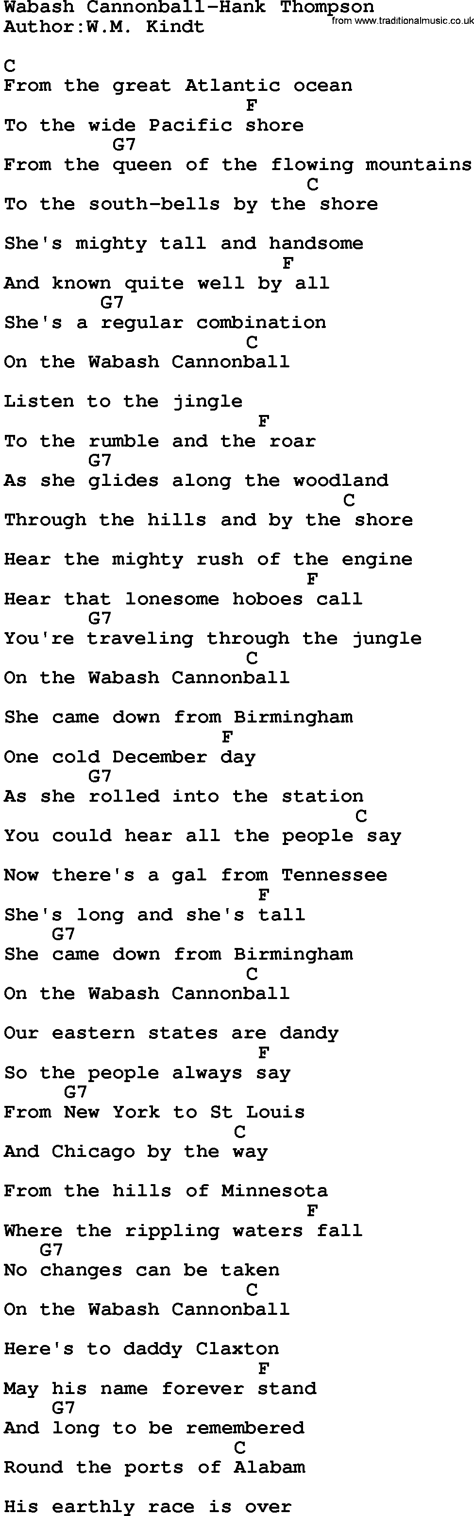Country music song: Wabash Cannonball-Hank Thompson lyrics and chords