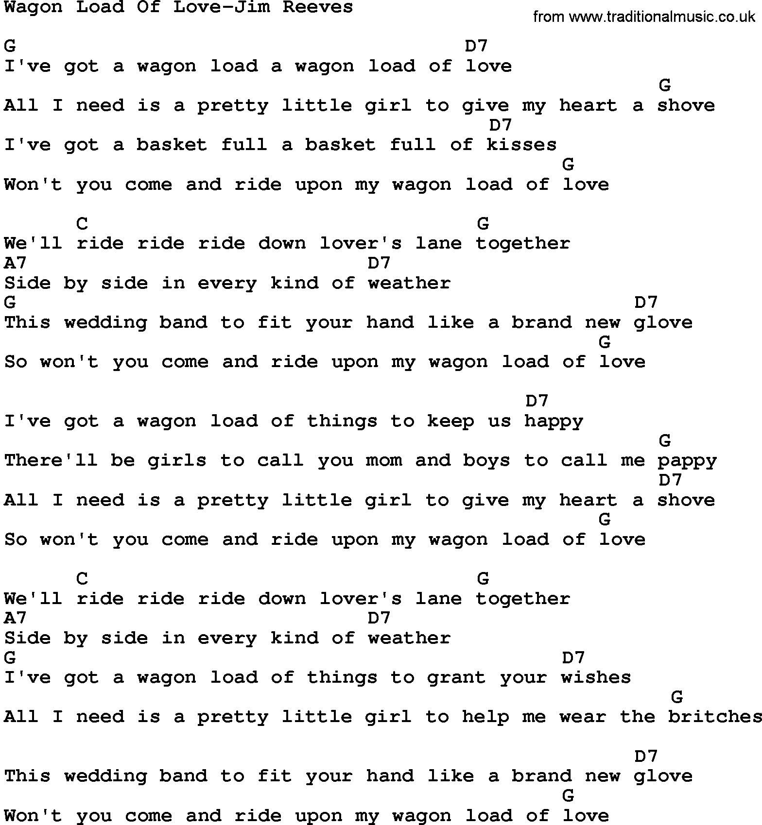 Country music song: Wagon Load Of Love-Jim Reeves lyrics and chords