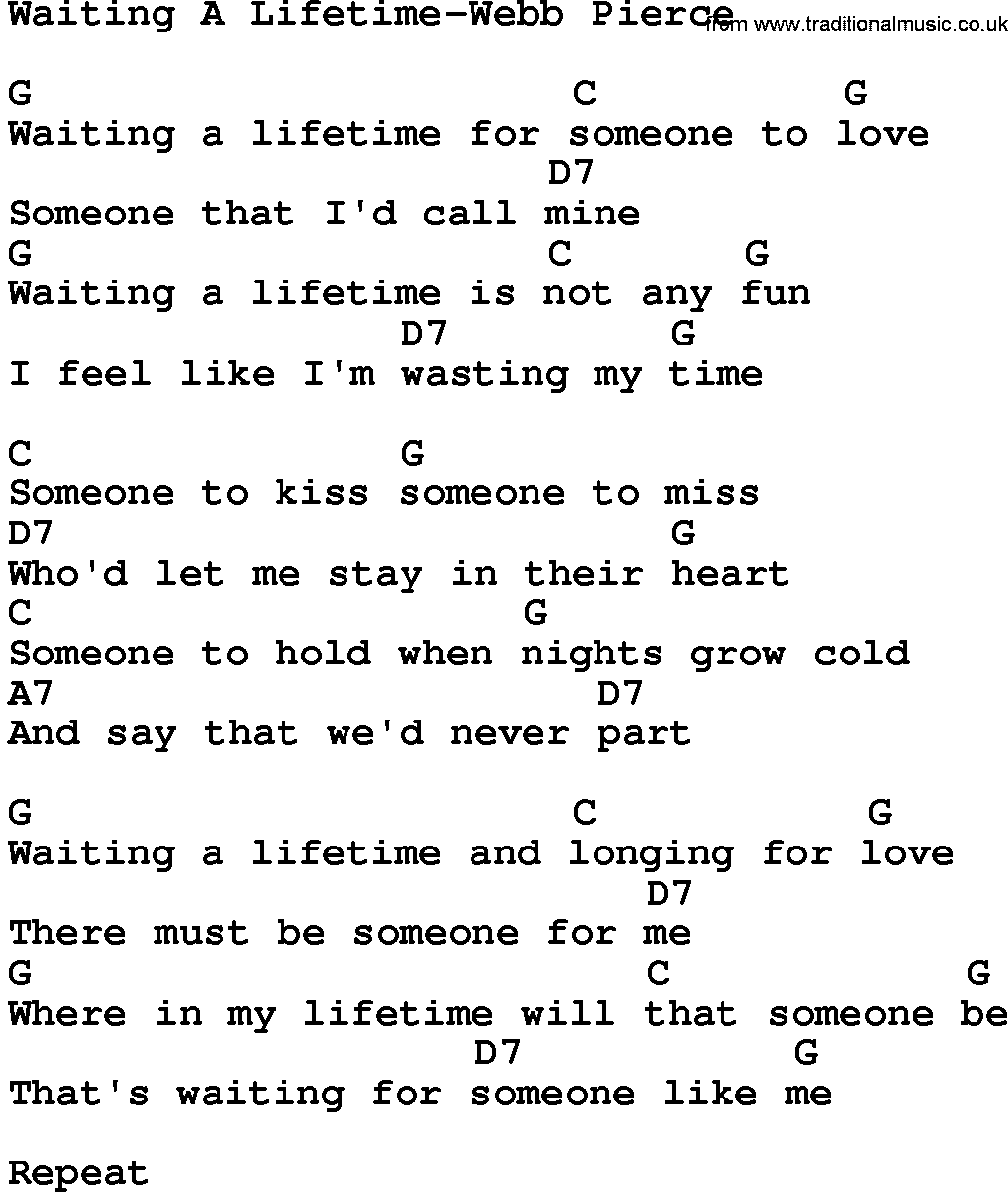 Country music song: Waiting A Lifetime-Webb Pierce lyrics and chords