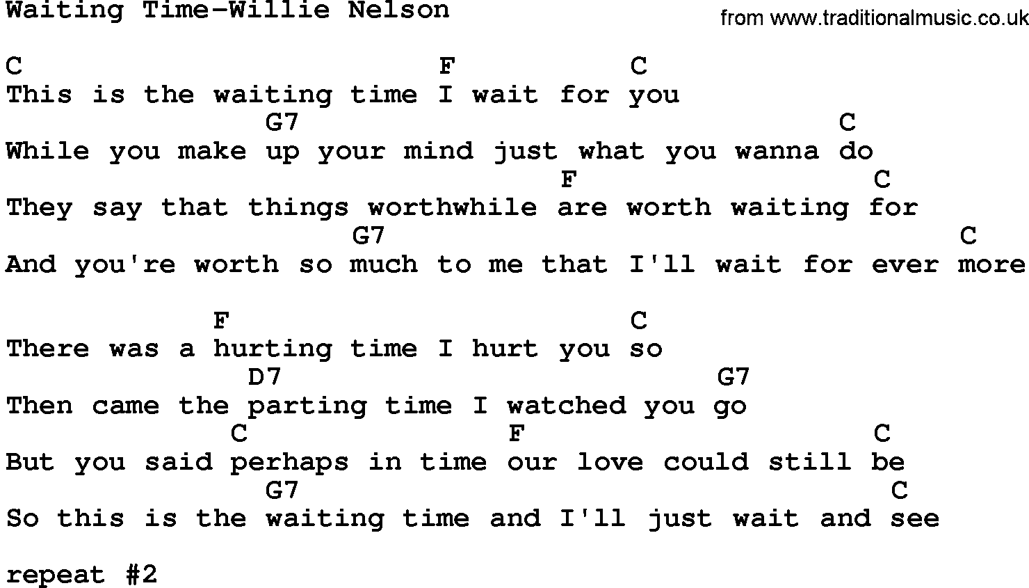 Country music song: Waiting Time-Willie Nelson lyrics and chords
