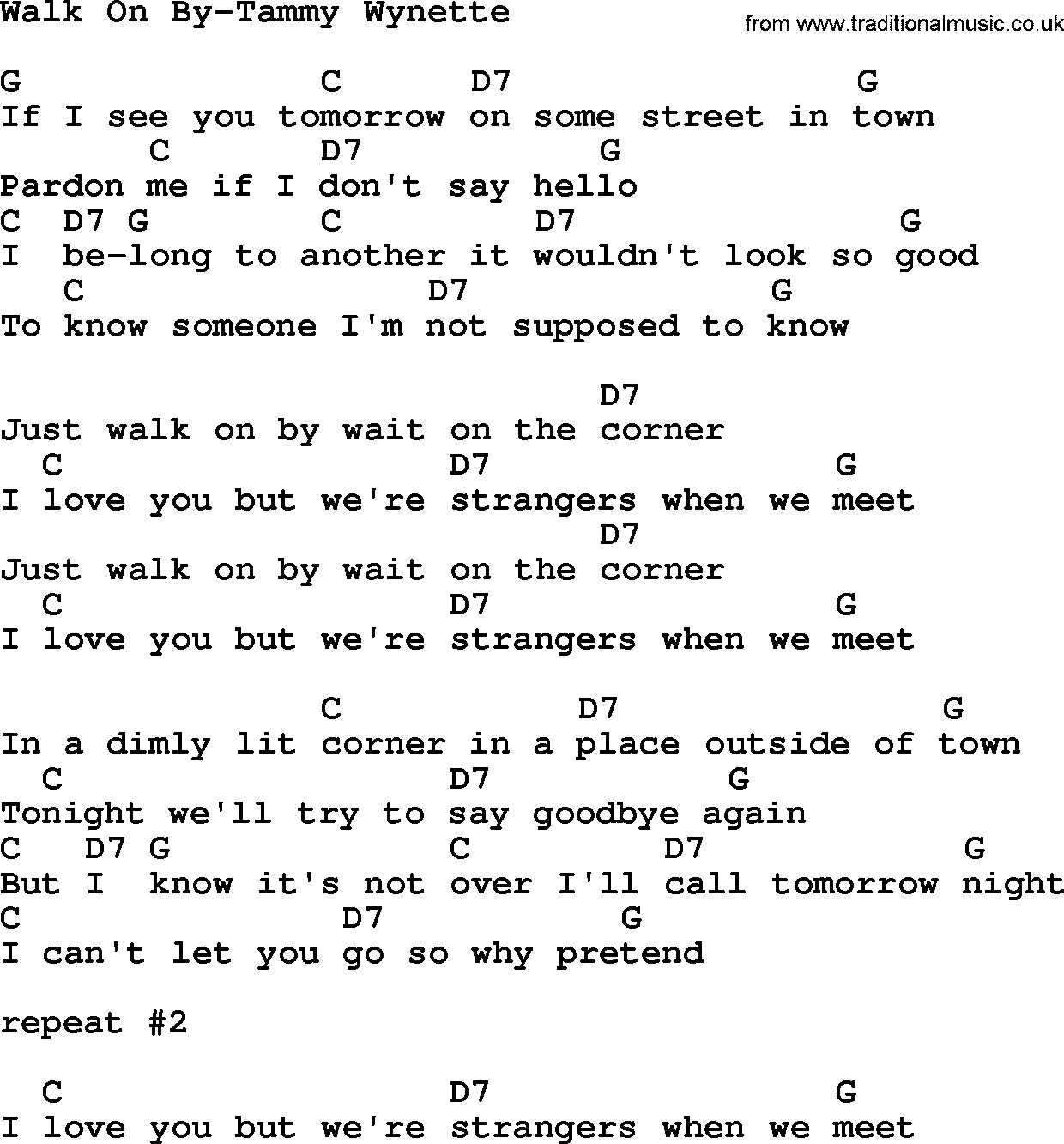 Country music song: Walk On By-Tammy Wynette lyrics and chords