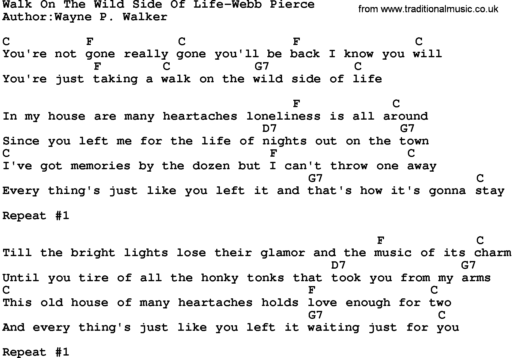 Country music song: Walk On The Wild Side Of Life-Webb Pierce lyrics and chords