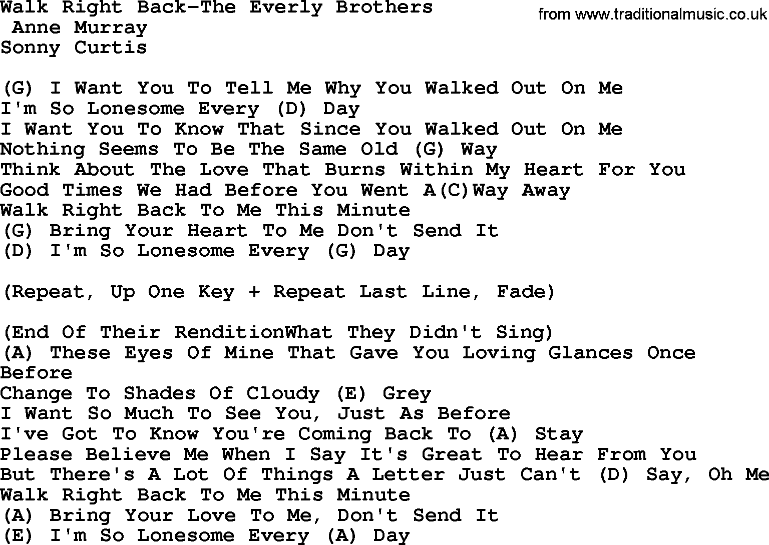 Country music song: Walk Right Back-The Everly Brothers lyrics and chords