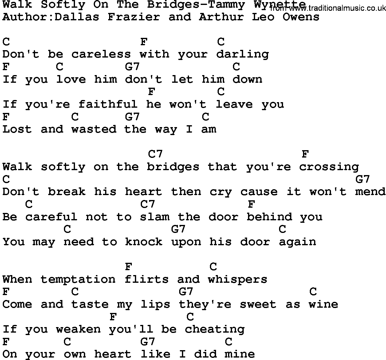 Country music song: Walk Softly On The Bridges-Tammy Wynette lyrics and chords