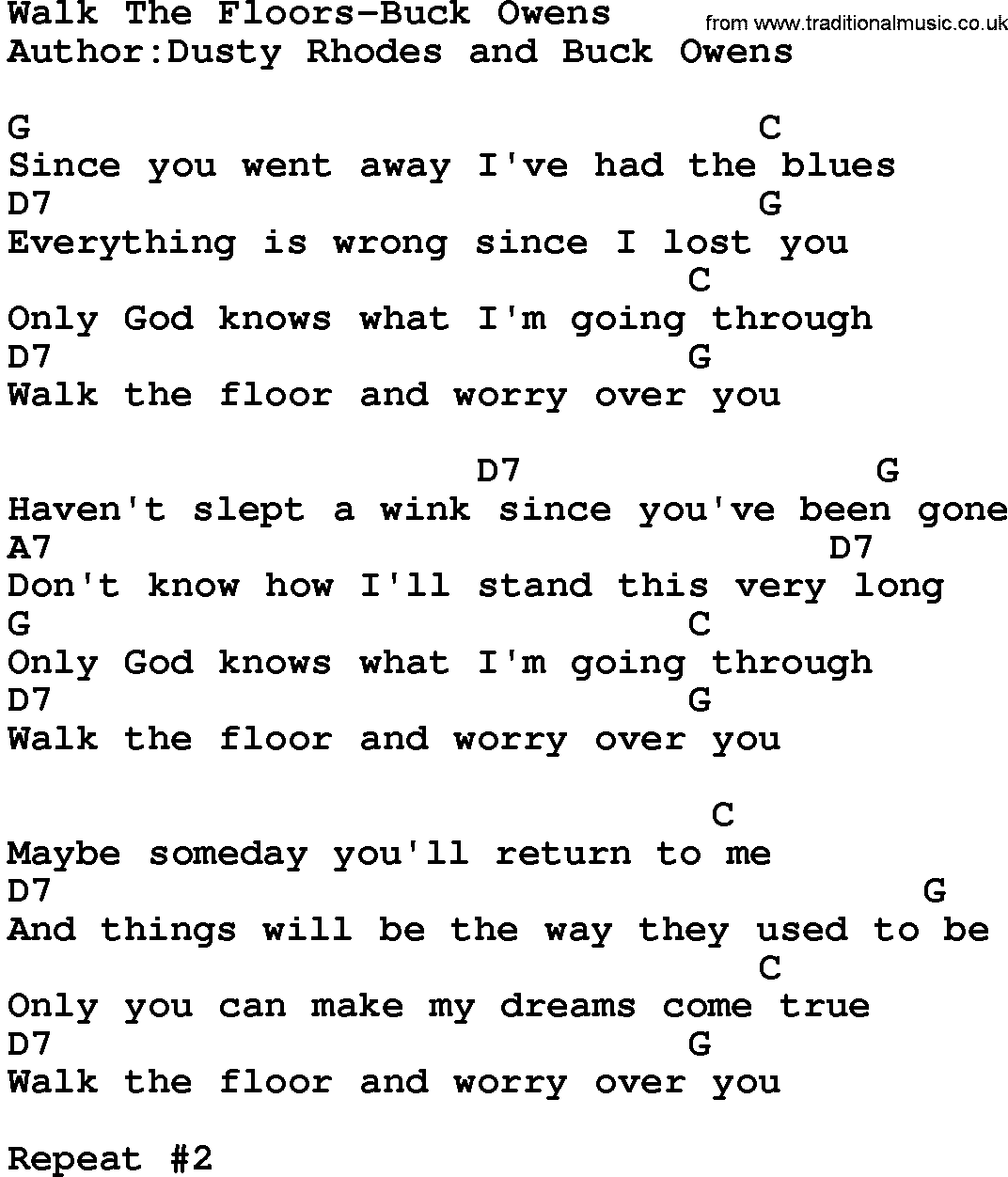 Country music song: Walk The Floors-Buck Owens lyrics and chords