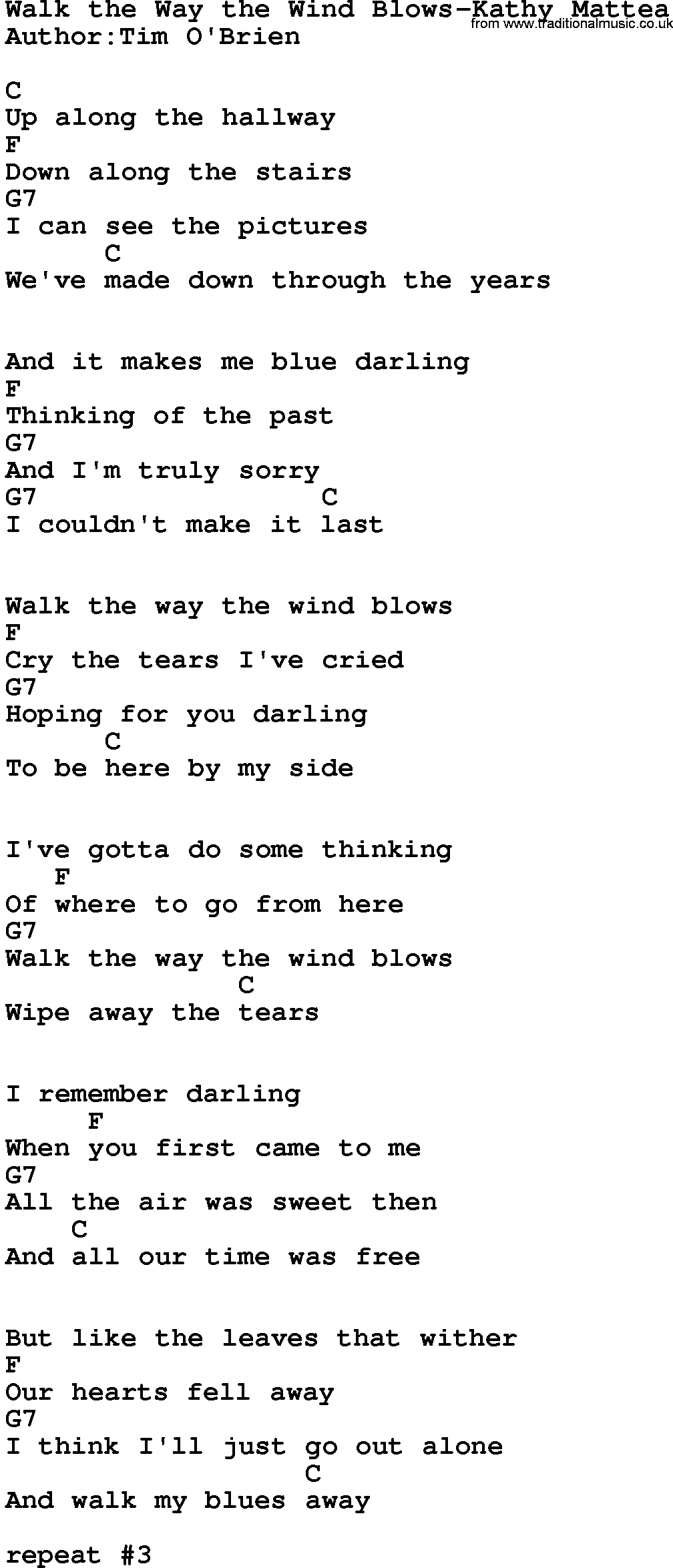 Country music song: Walk The Way The Wind Blows-Kathy Mattea lyrics and chords