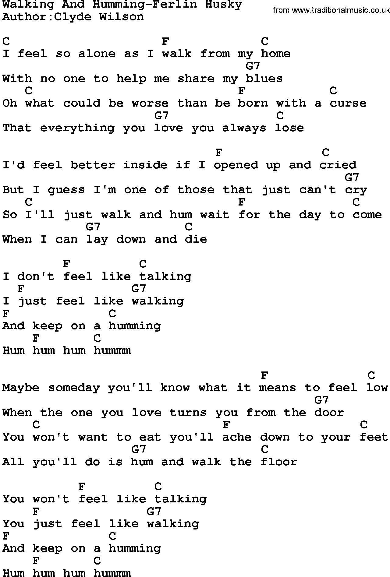 Country music song: Walking And Humming-Ferlin Husky lyrics and chords