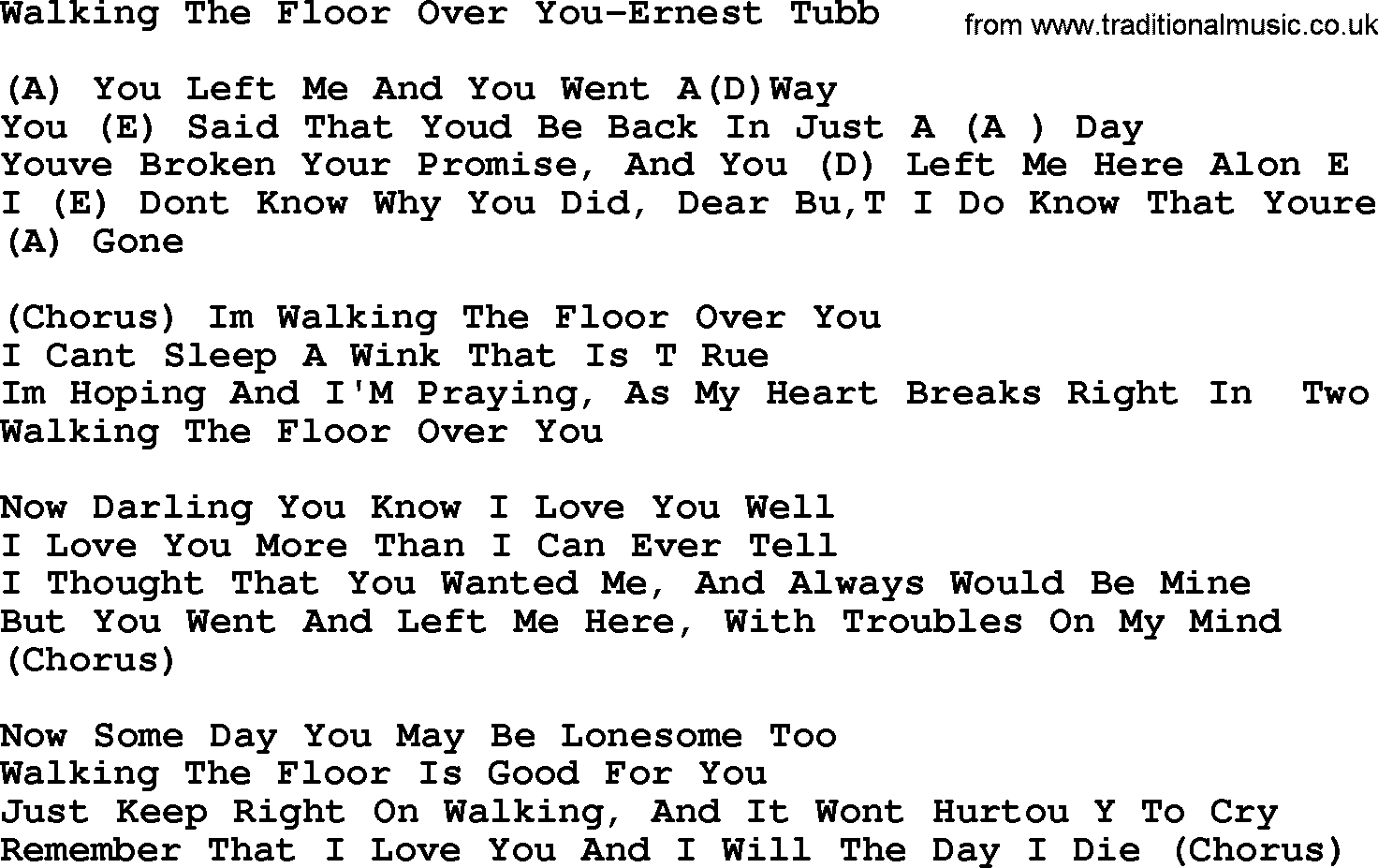 Country music song: Walking The Floor Over You-Ernest Tubb lyrics and chords