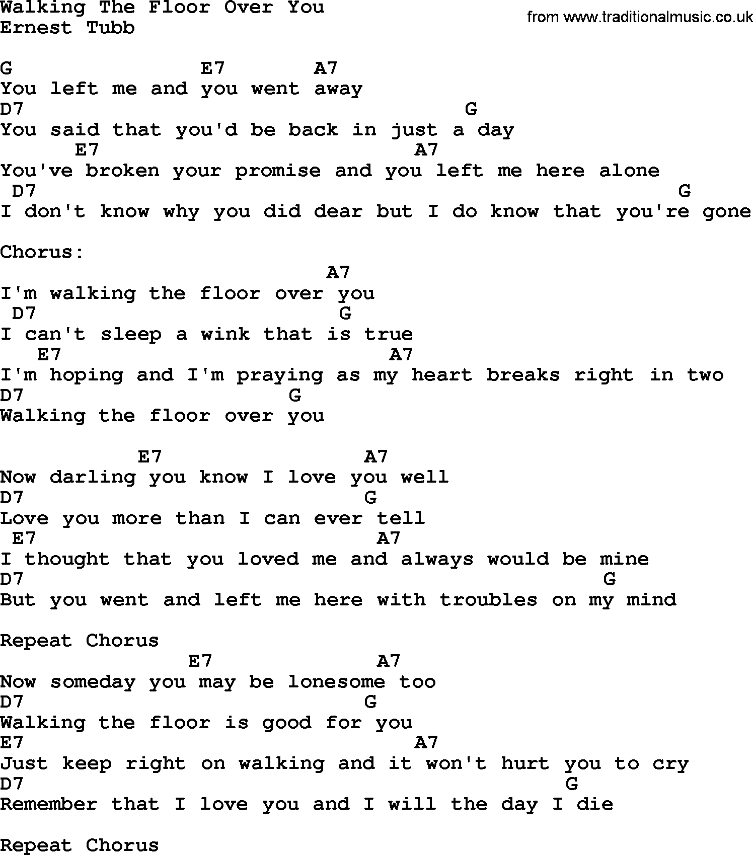 Country music song: Walking The Floor Over You lyrics and chords