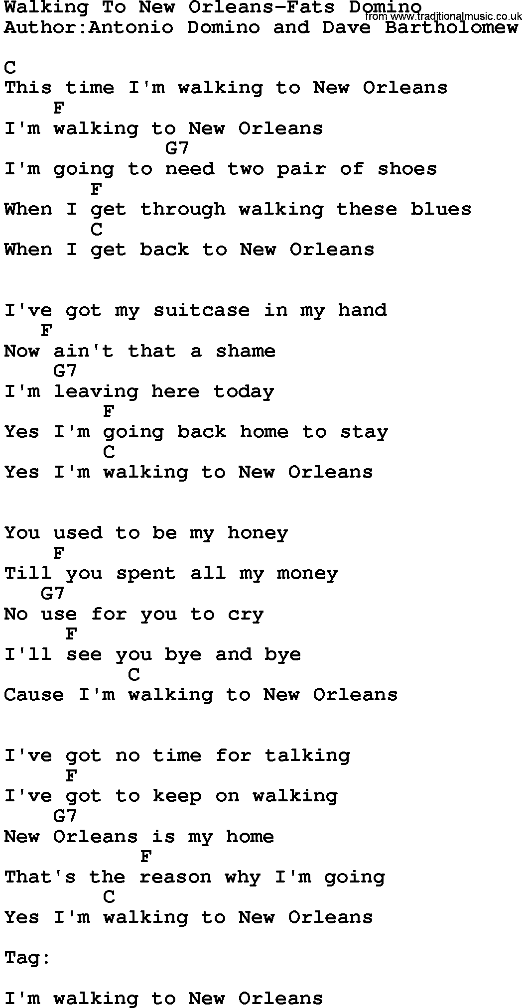 Country music song: Walking To New Orleans-Fats Domino lyrics and chords