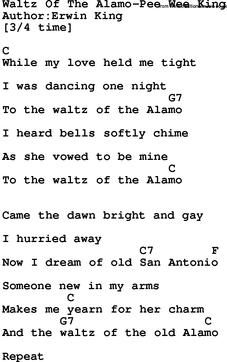 Country music song: Waltz Of The Alamo-Pee Wee King lyrics and chords