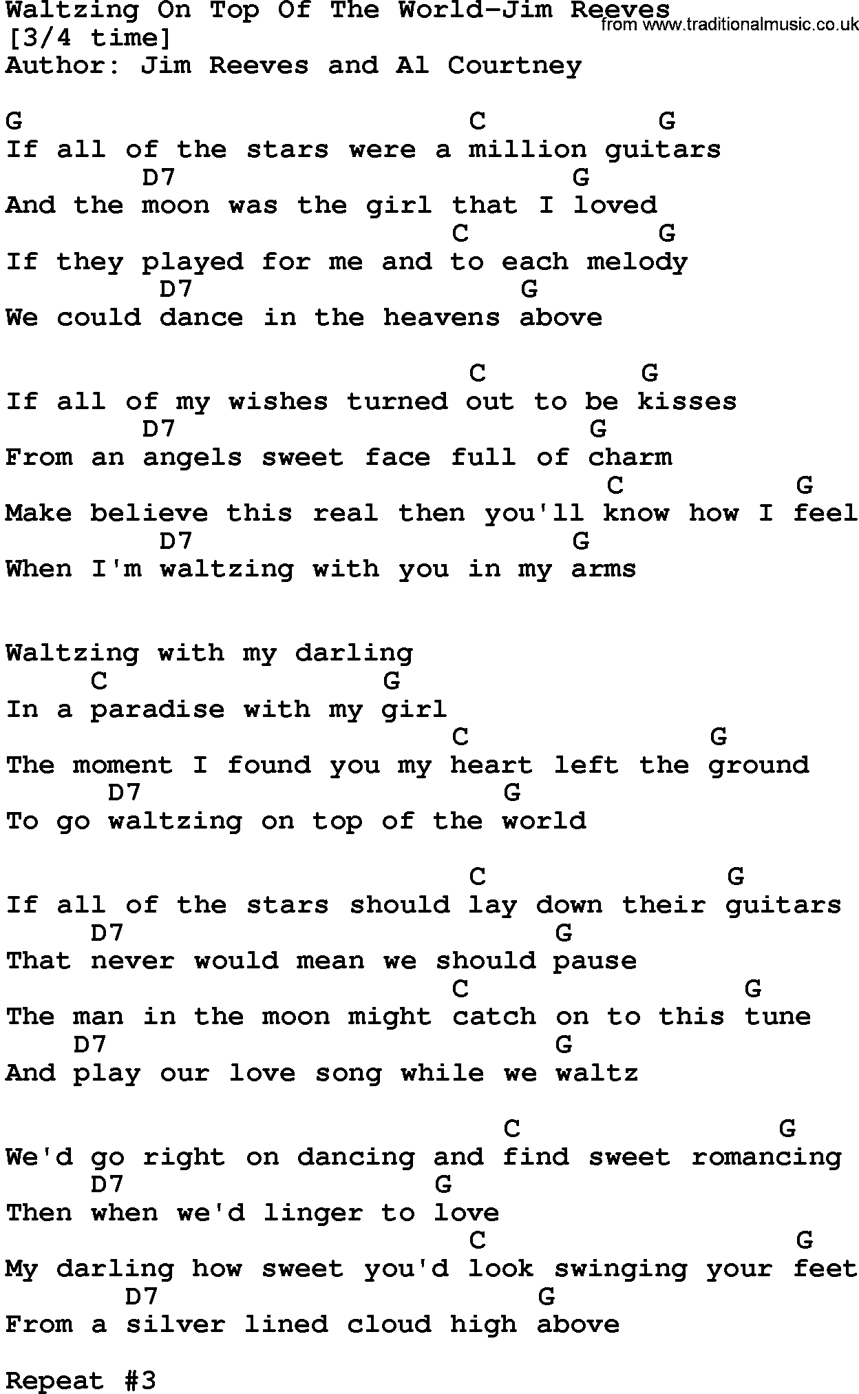 Country music song: Waltzing On Top Of The World-Jim Reeves lyrics and chords