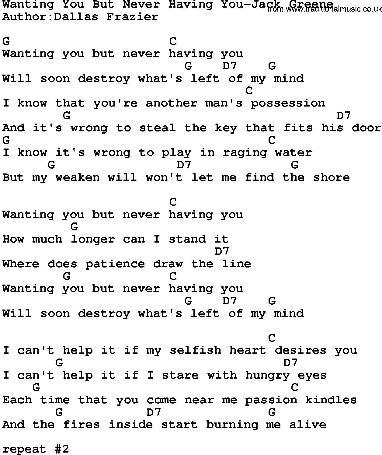 Country music song: Wanting You But Never Having You-Jack Greene lyrics and chords