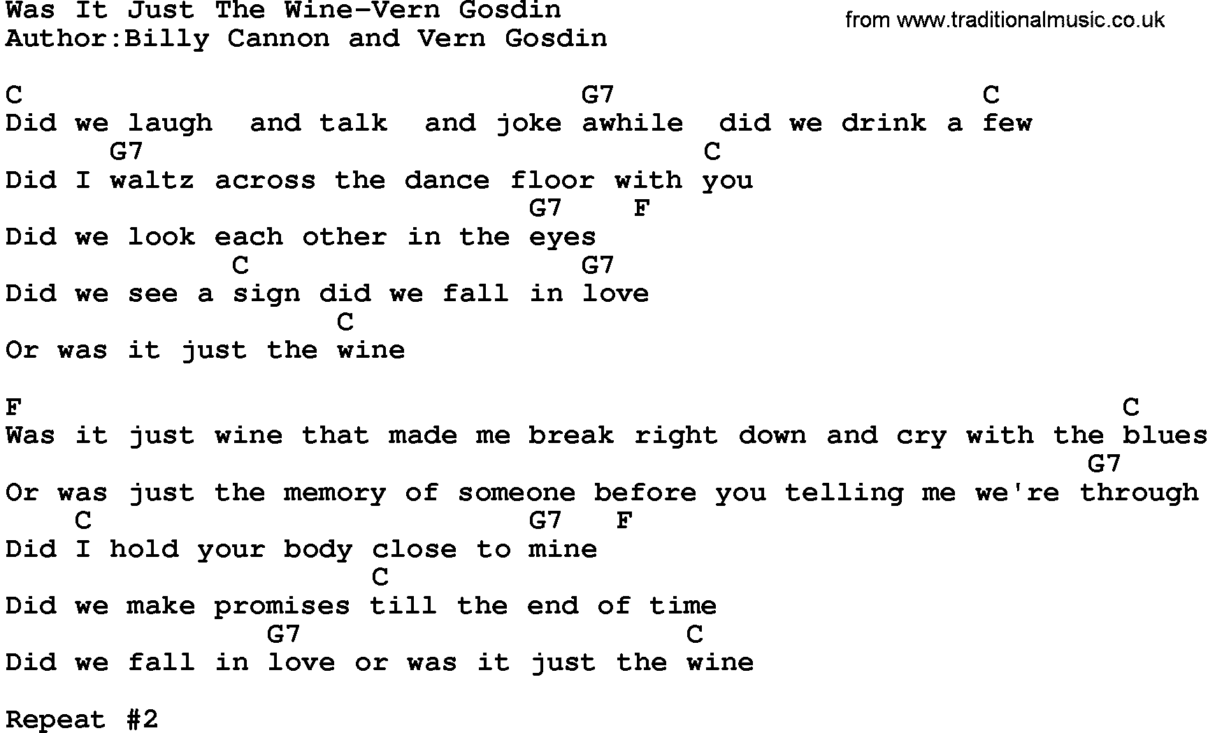 Country music song: Was It Just The Wine-Vern Gosdin lyrics and chords