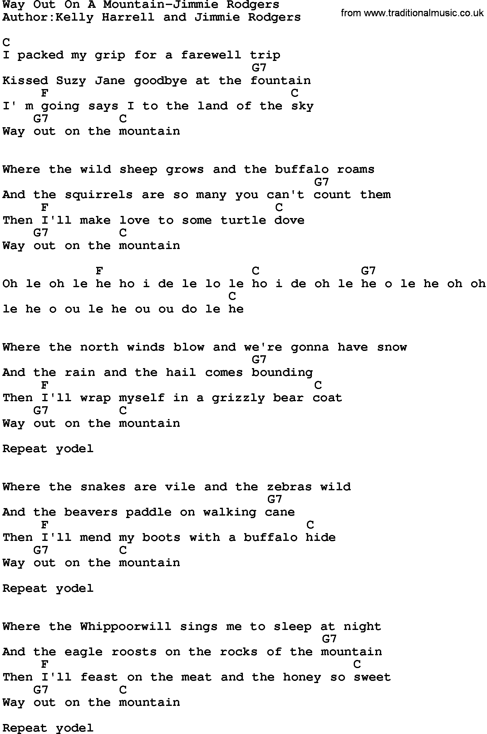 Country music song: Way Out On A Mountain-Jimmie Rodgers lyrics and chords