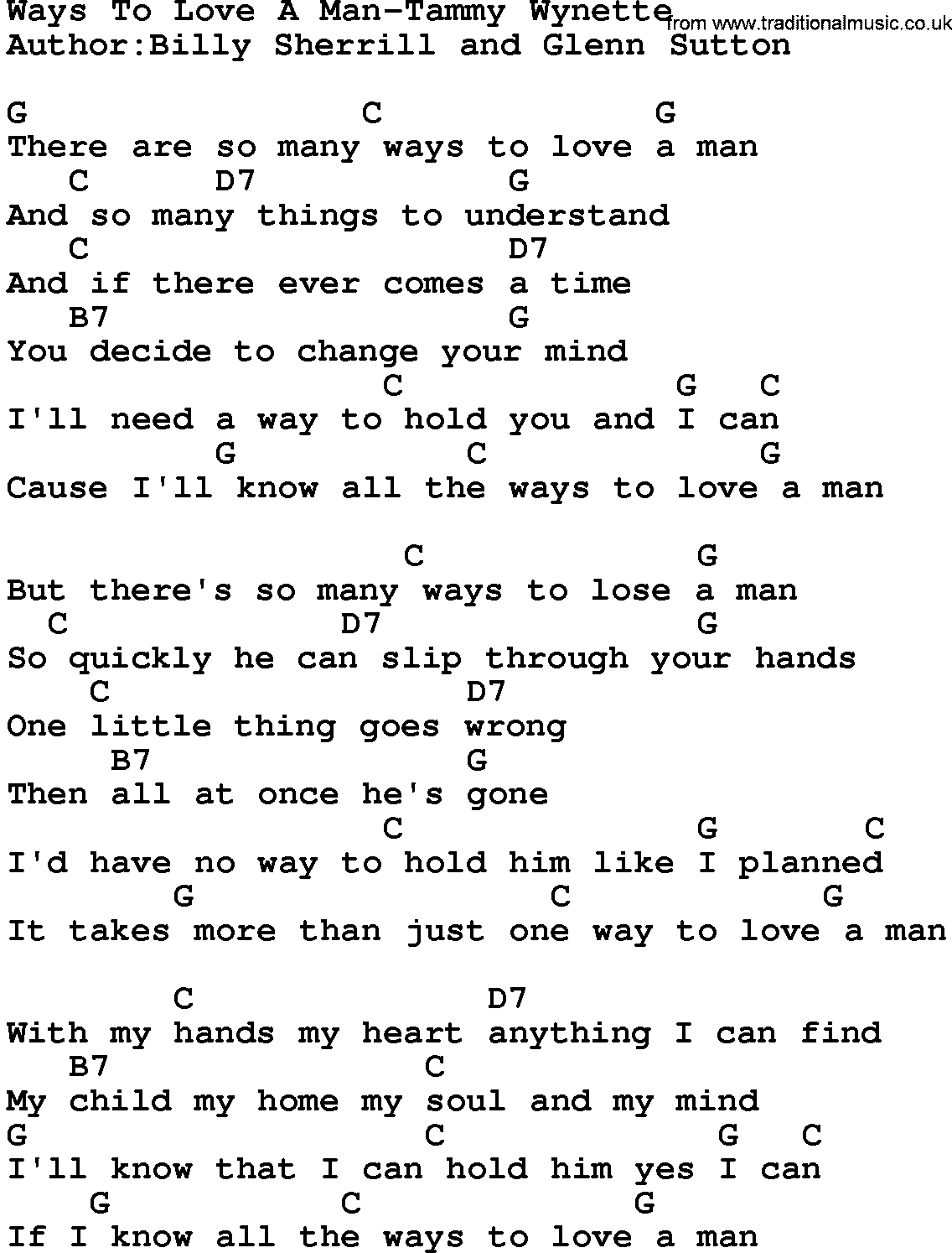 Country music song: Ways To Love A Man-Tammy Wynette lyrics and chords