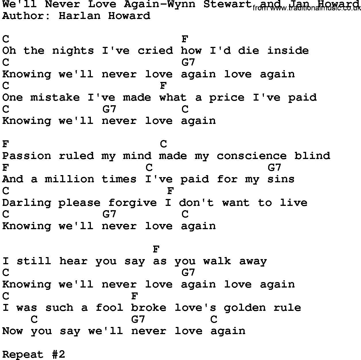 Country music song: We'll Never Love Again-Wynn Stewart And Jan Howard lyrics and chords