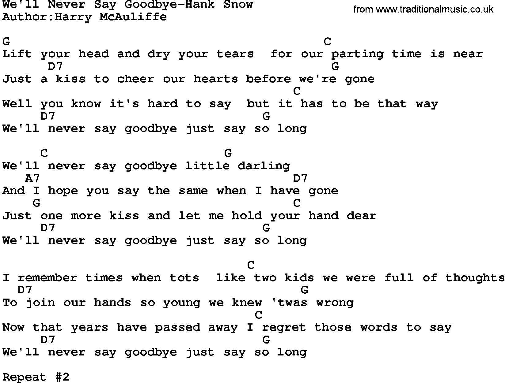 Country music song: We'll Never Say Goodbye-Hank Snow lyrics and chords