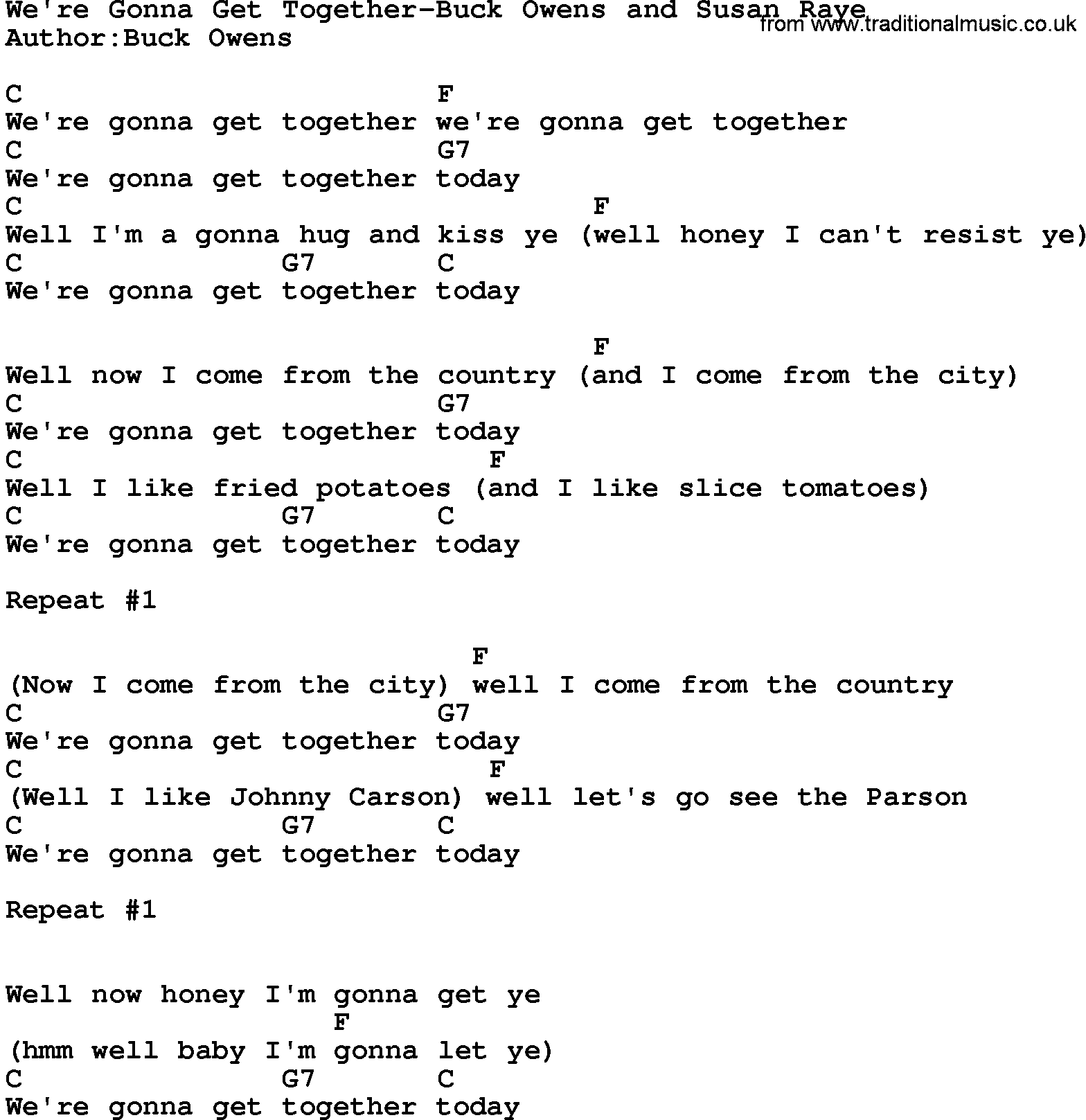 Country music song: We're Gonna Get Together-Buck Owens And Susan Raye lyrics and chords