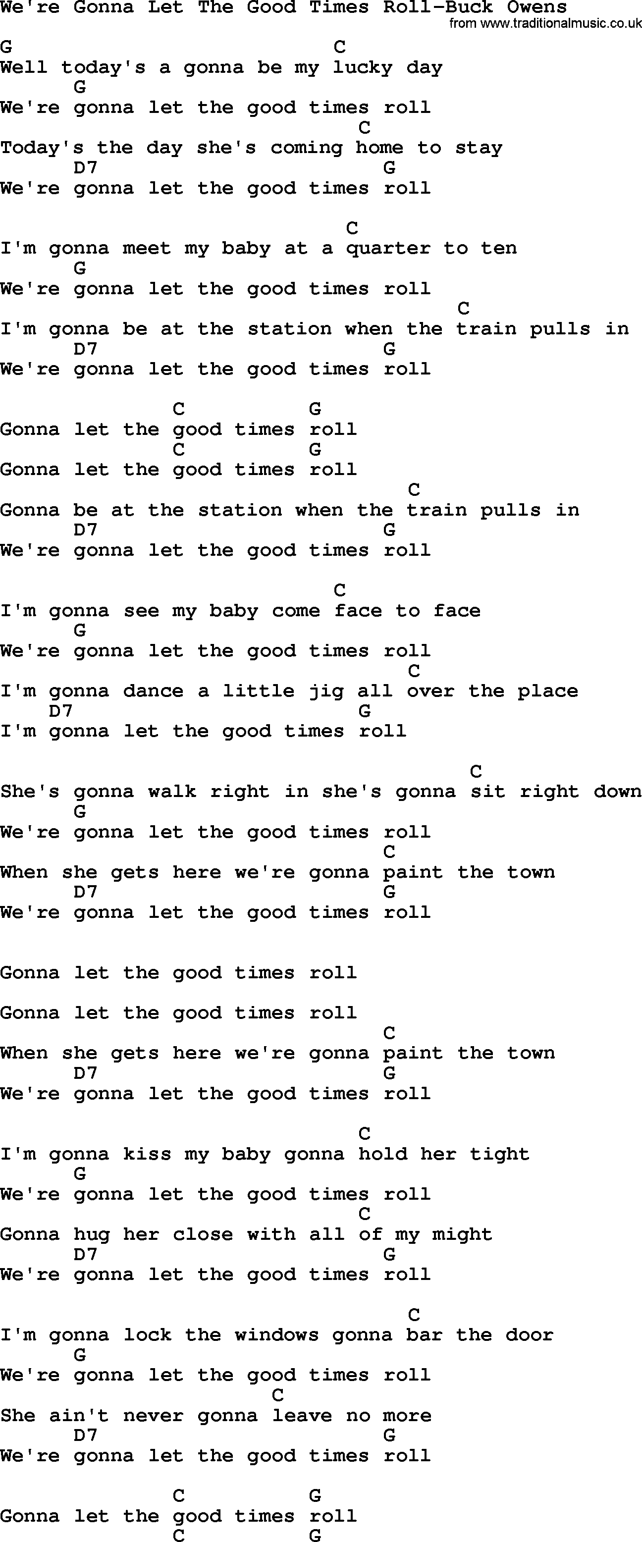 Country music song: We're Gonna Let The Good Times Roll-Buck Owens lyrics and chords