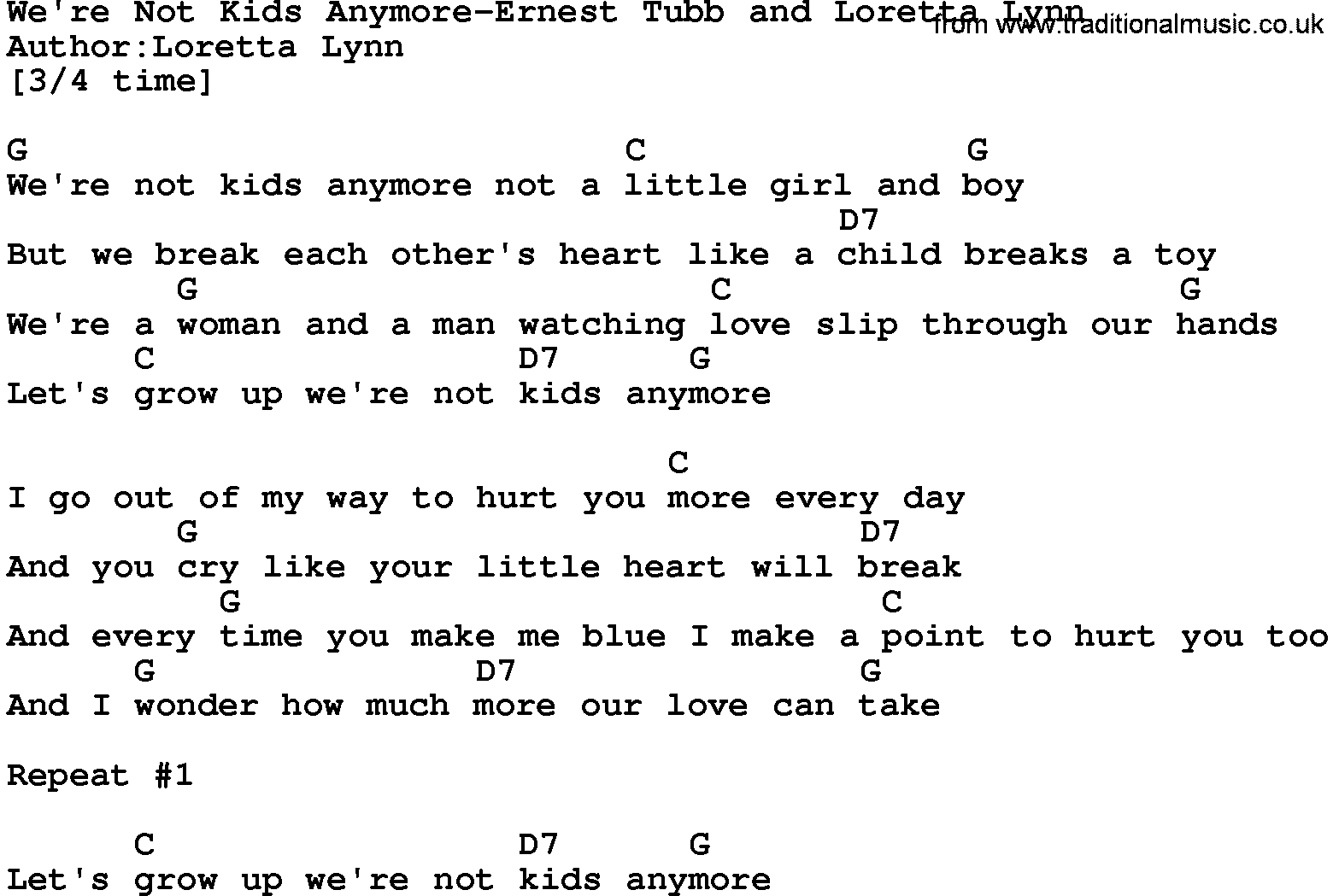 Country music song: We're Not Kids Anymore-Ernest Tubb And Loretta Lynn lyrics and chords
