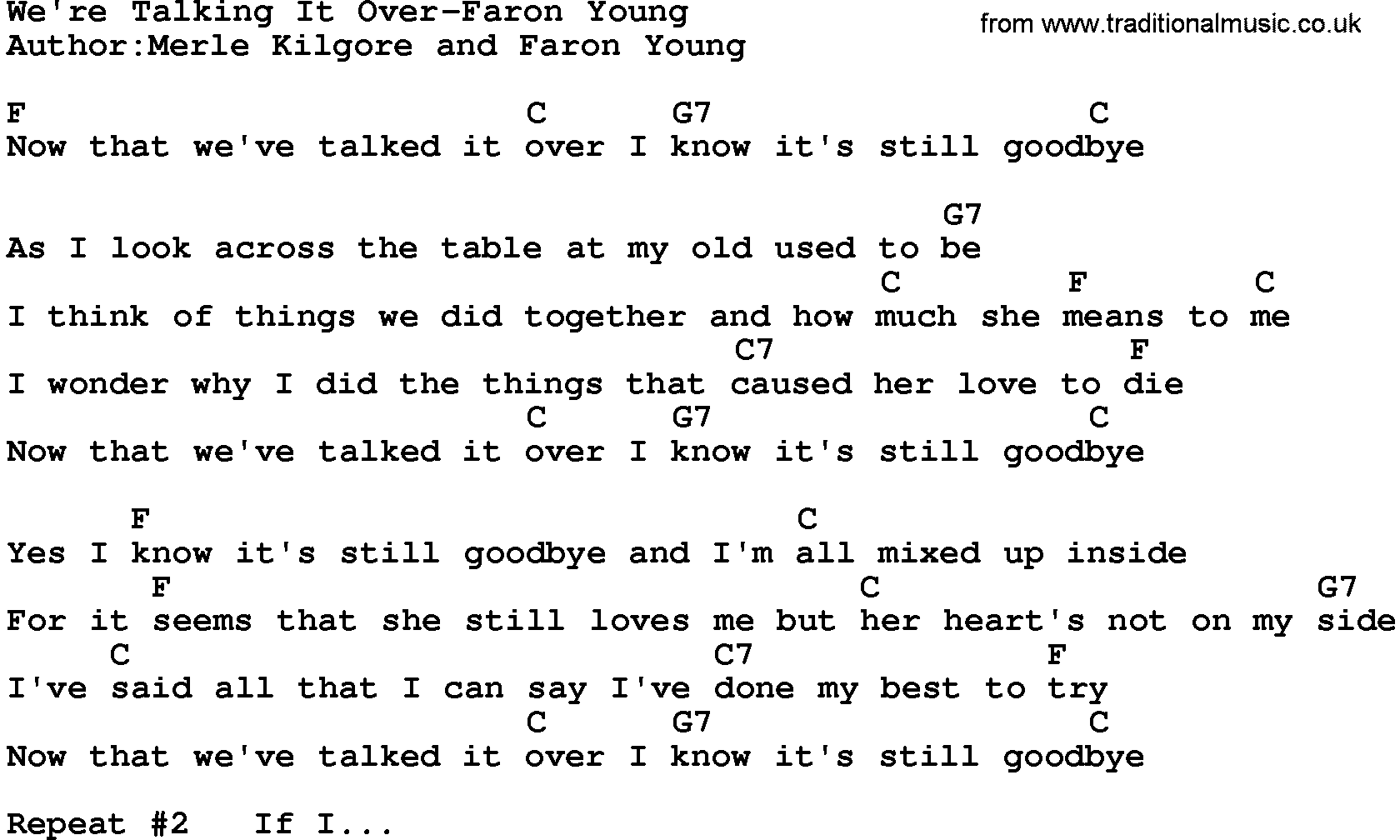 Country music song: We're Talking It Over-Faron Young lyrics and chords