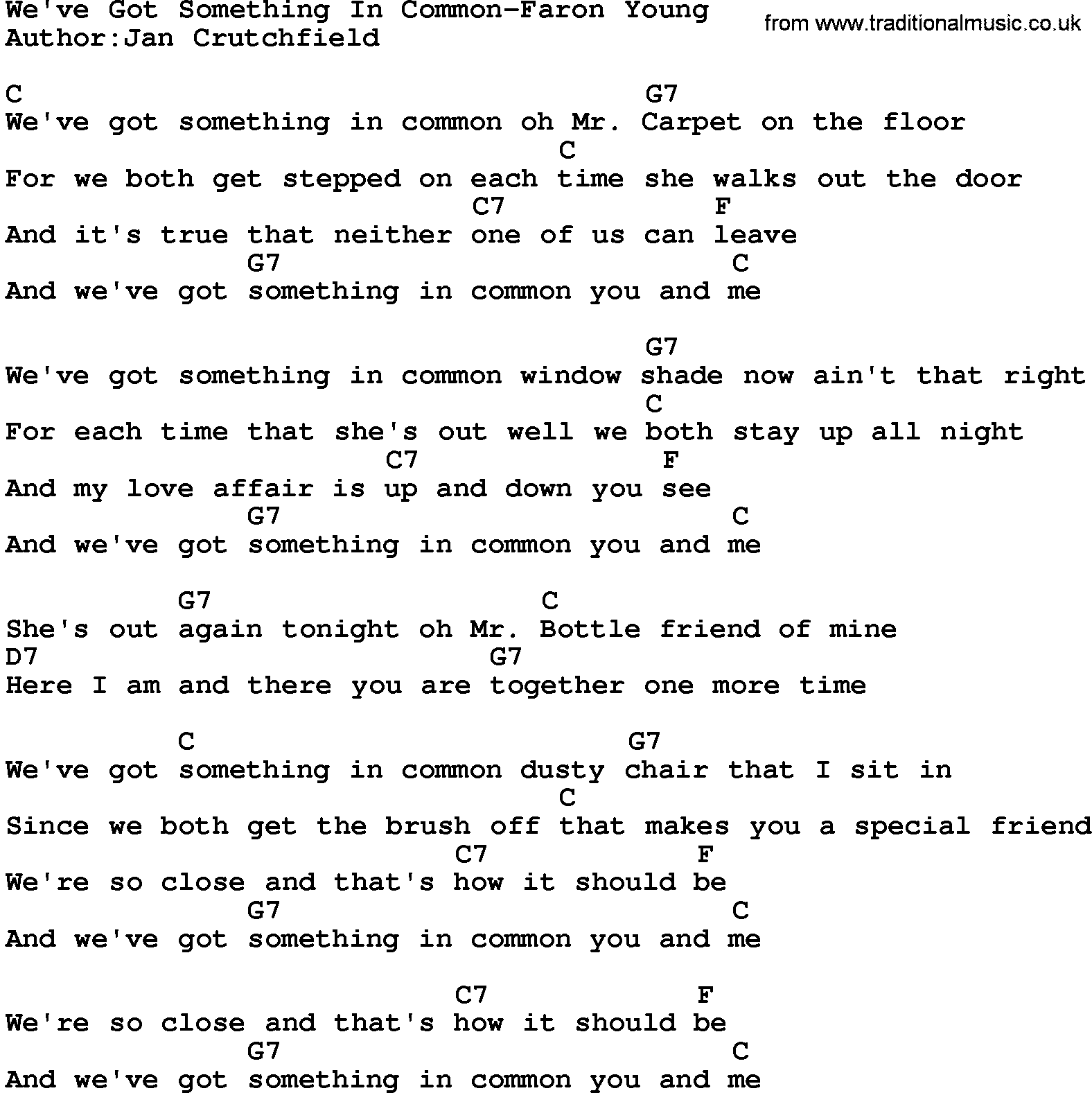 Country music song: We've Got Something In Common-Faron Young lyrics and chords
