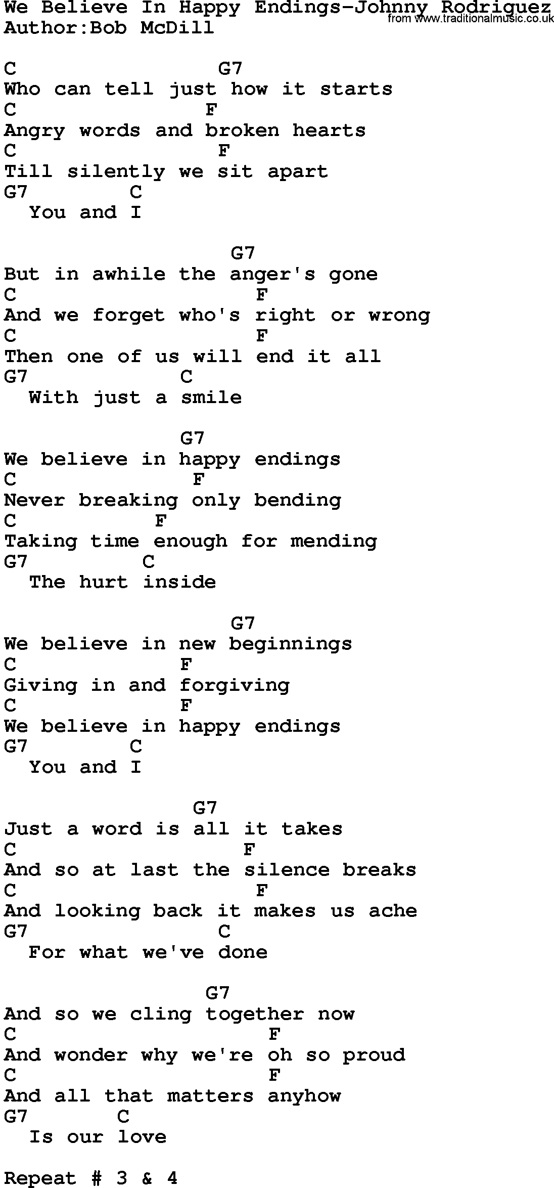 Country music song: We Believe In Happy Endings-Johnny Rodriguez lyrics and chords