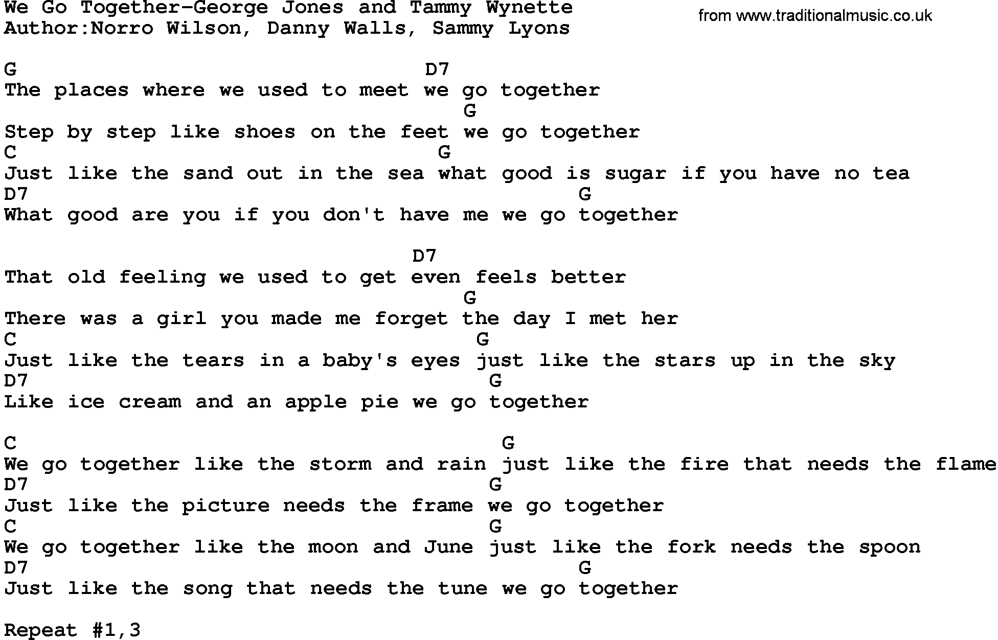 Country music song: We Go Together-George Jones And Tammy Wynette lyrics and chords