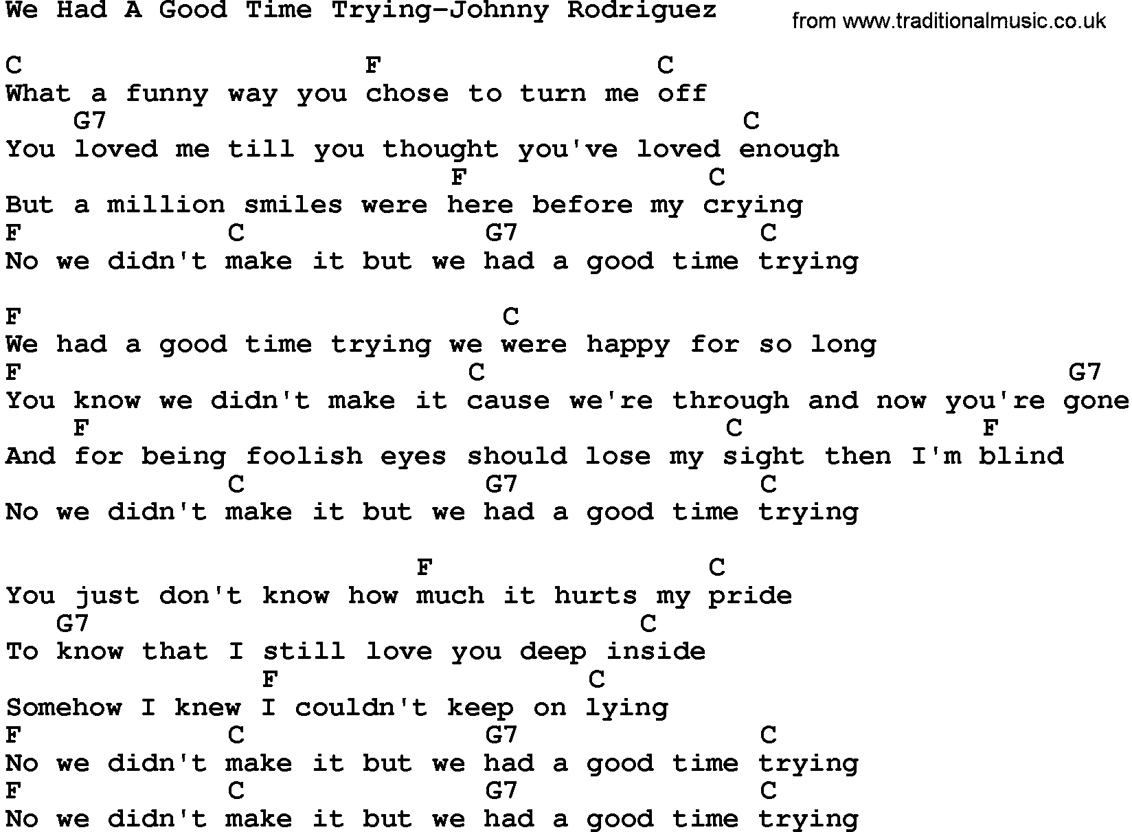 Country music song: We Had A Good Time Trying-Johnny Rodriguez lyrics and chords