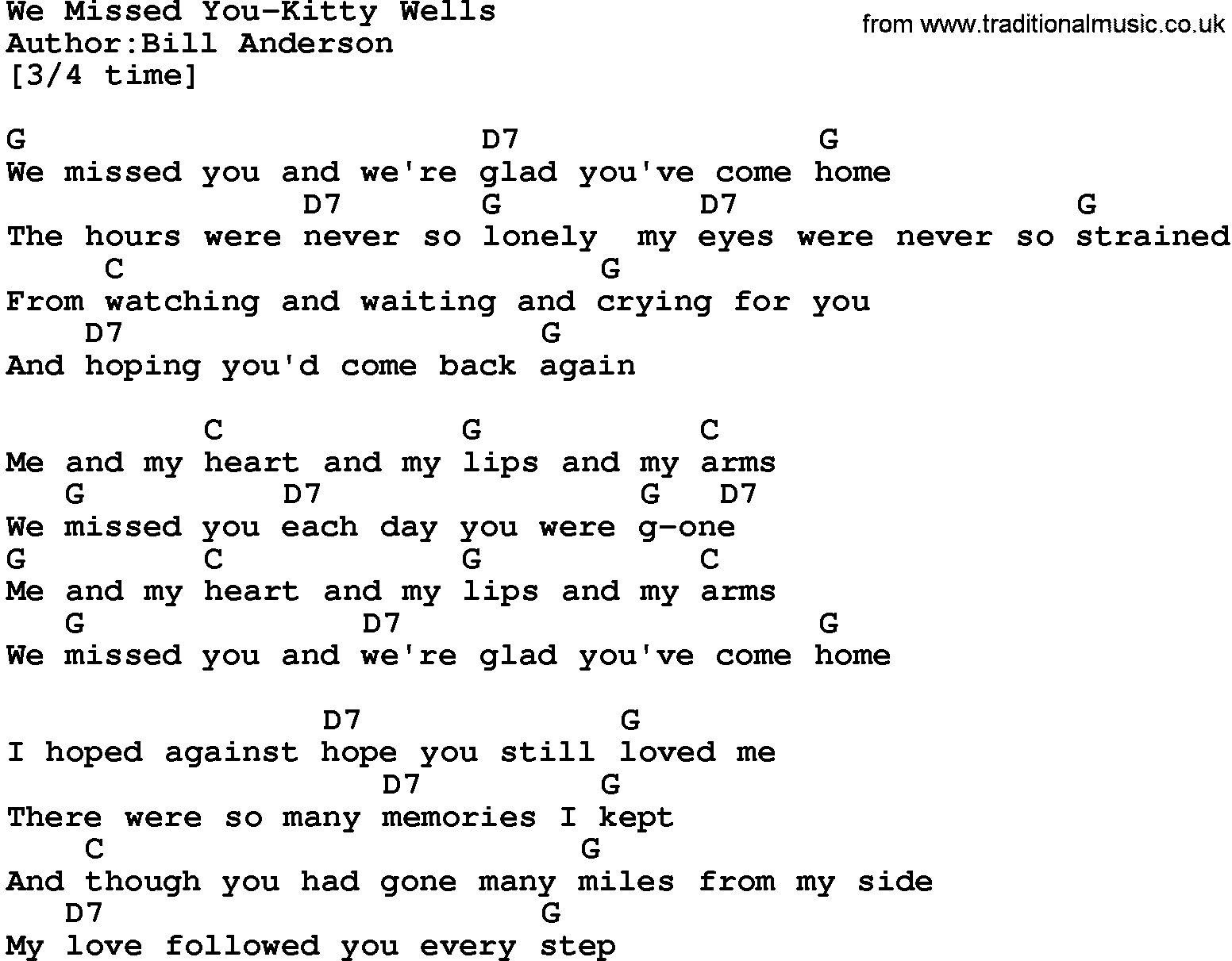 Country music song: We Missed You-Kitty Wells lyrics and chords