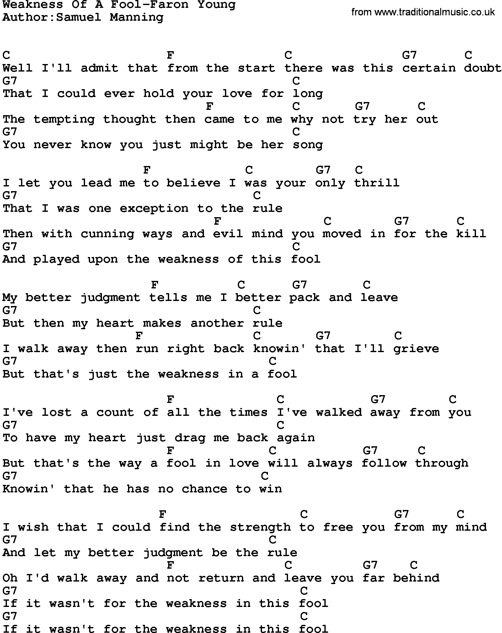 Country music song: Weakness Of A Fool-Faron Young lyrics and chords