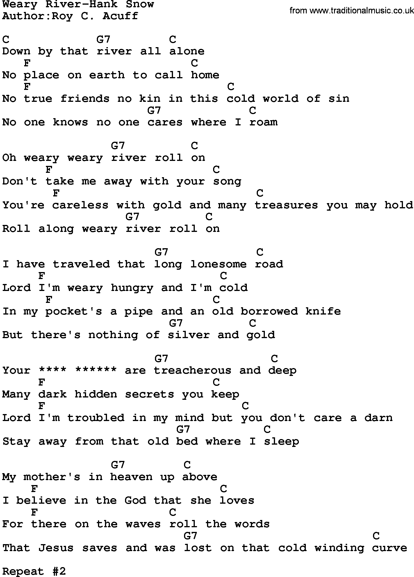 Country music song: Weary River-Hank Snow lyrics and chords